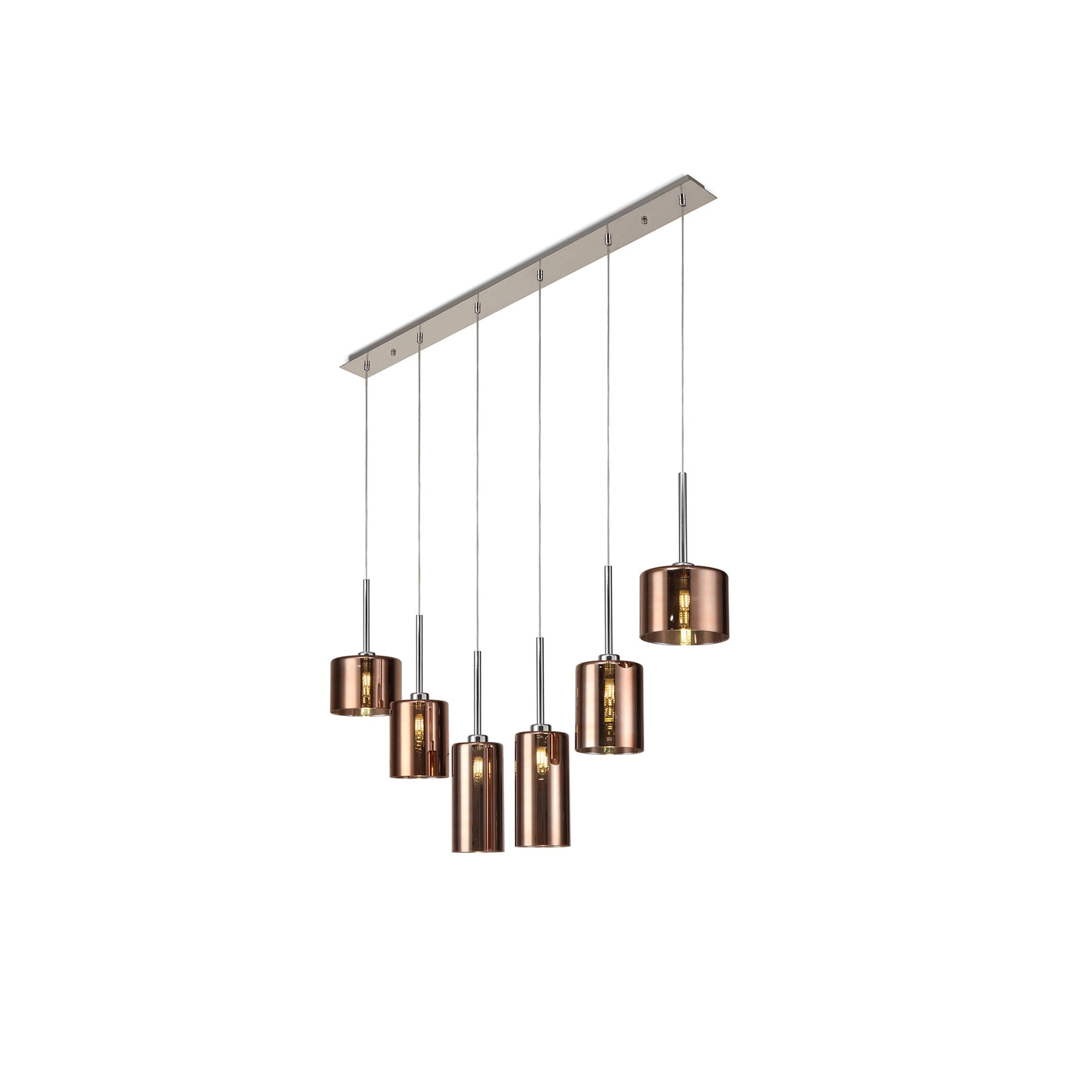 Fabula Tamworth 6 Light Linear Pendant - Mixed Cylinder Shades - Polished Chrome & Copper Glass