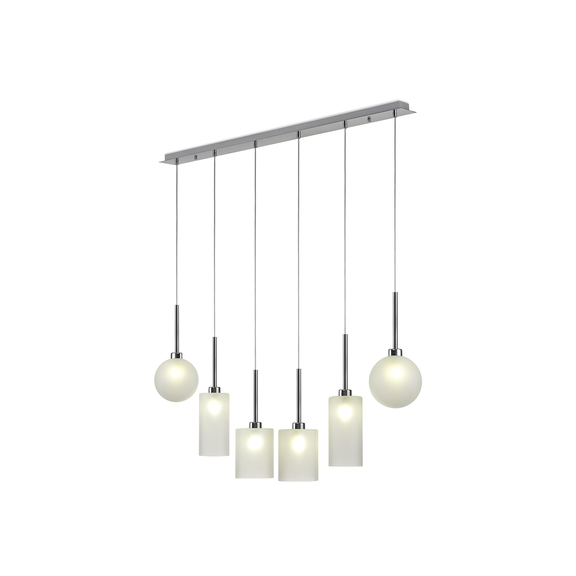 Fabula Tamworth 6 Light Linear Pendant - Mixed Shades D - Polished Chrome & Frosted Glass