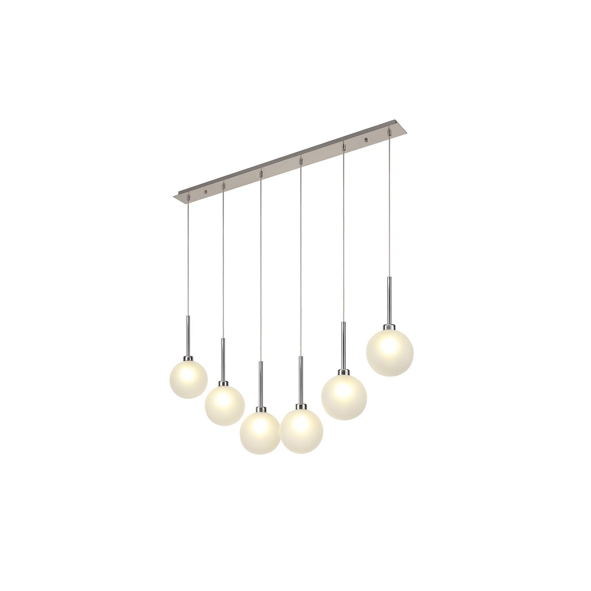 Fabula Tamworth 6 Light Linear Pendant - Round Shades with Inner Frosted Globes - Polished Chrome & Frosted Glass