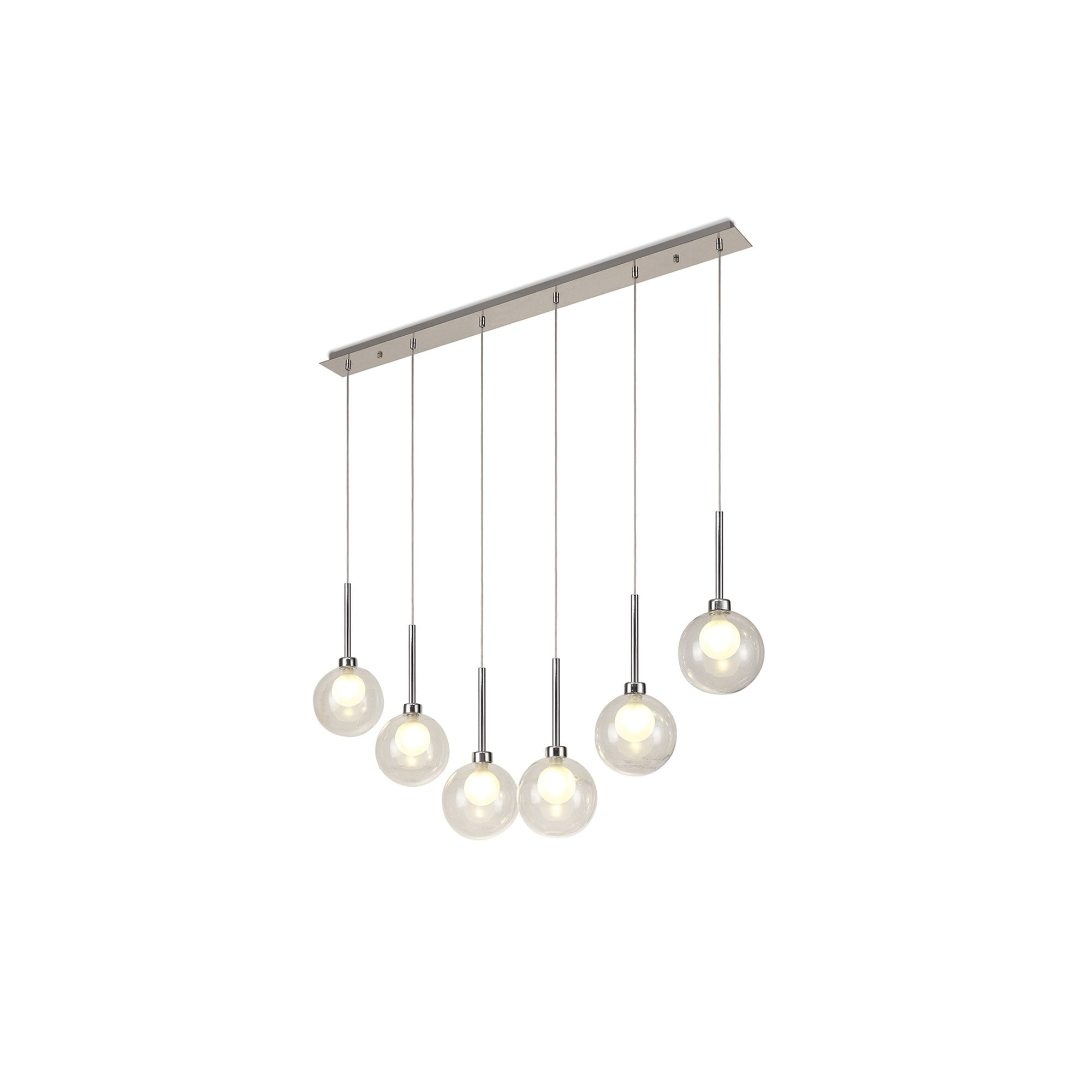 Fabula Tamworth 6 Light Linear Pendant - Round Shades with Inner Frosted Globes - Polished Chrome, Clear & Frosted Glass