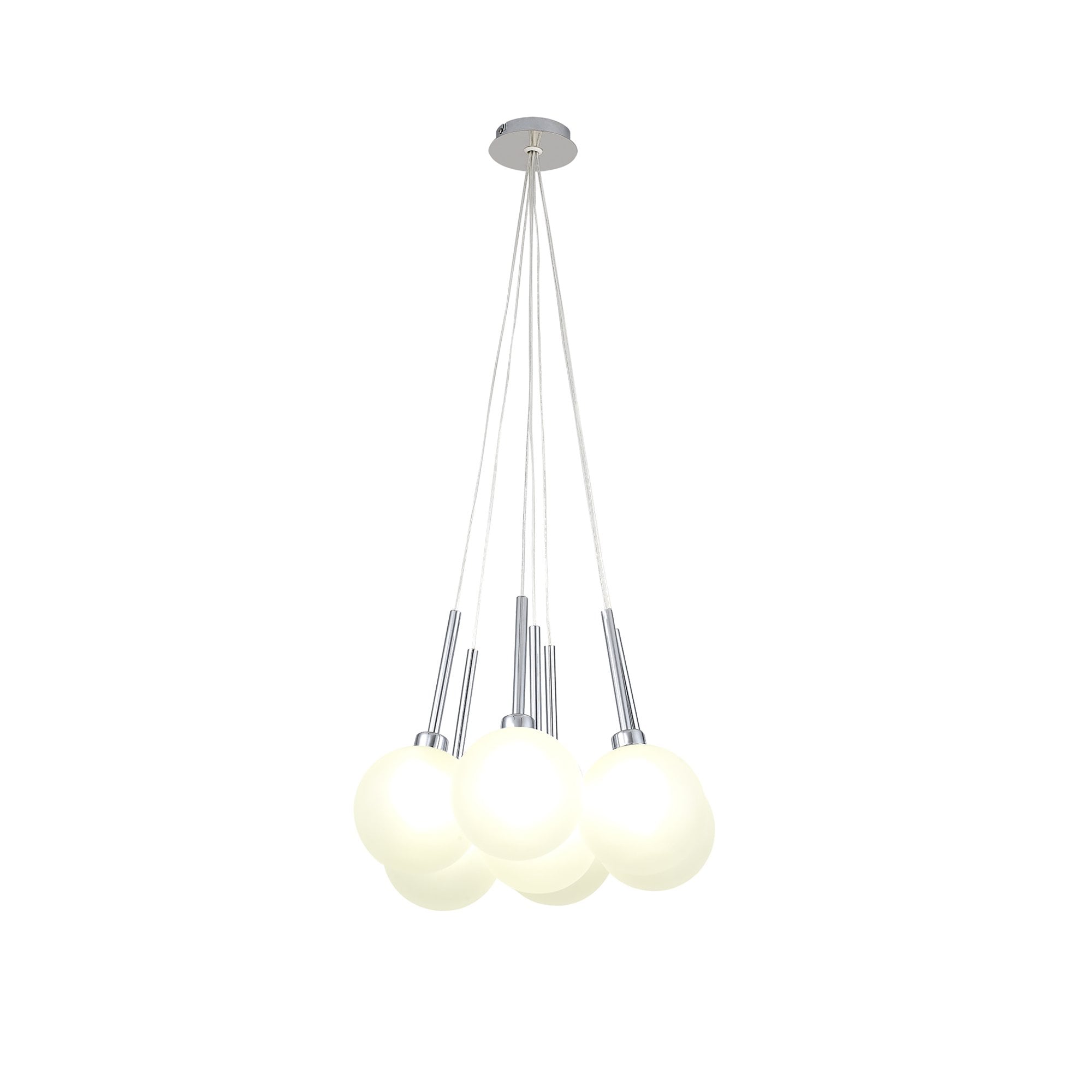 Fabula Tamworth 7 Light Cluster Pendant - Round Shades with Inner Frosted Globes - Polished Chrome & Frosted Glass
