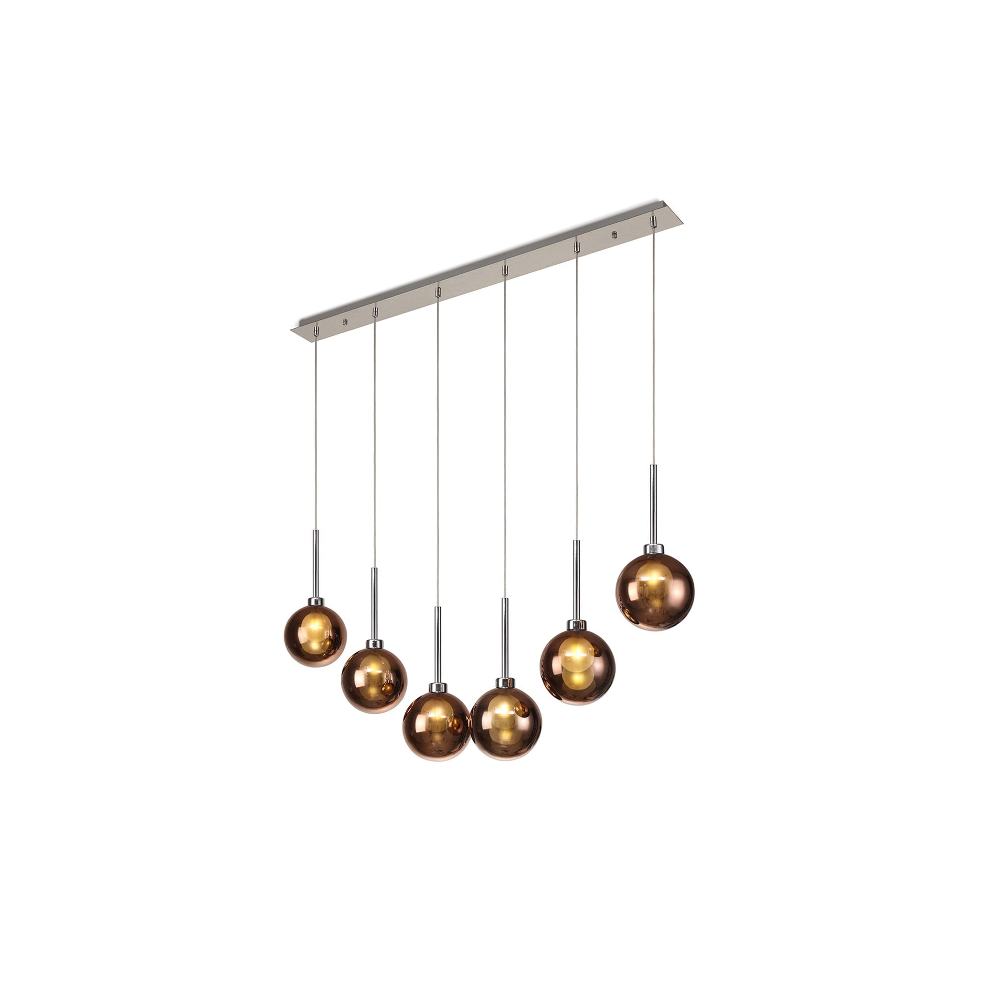 Fabula Tamworth 6 Light Linear Pendant - Round Shades with Inner Frosted Globes - Polished Chrome, Copper & Frosted Glass