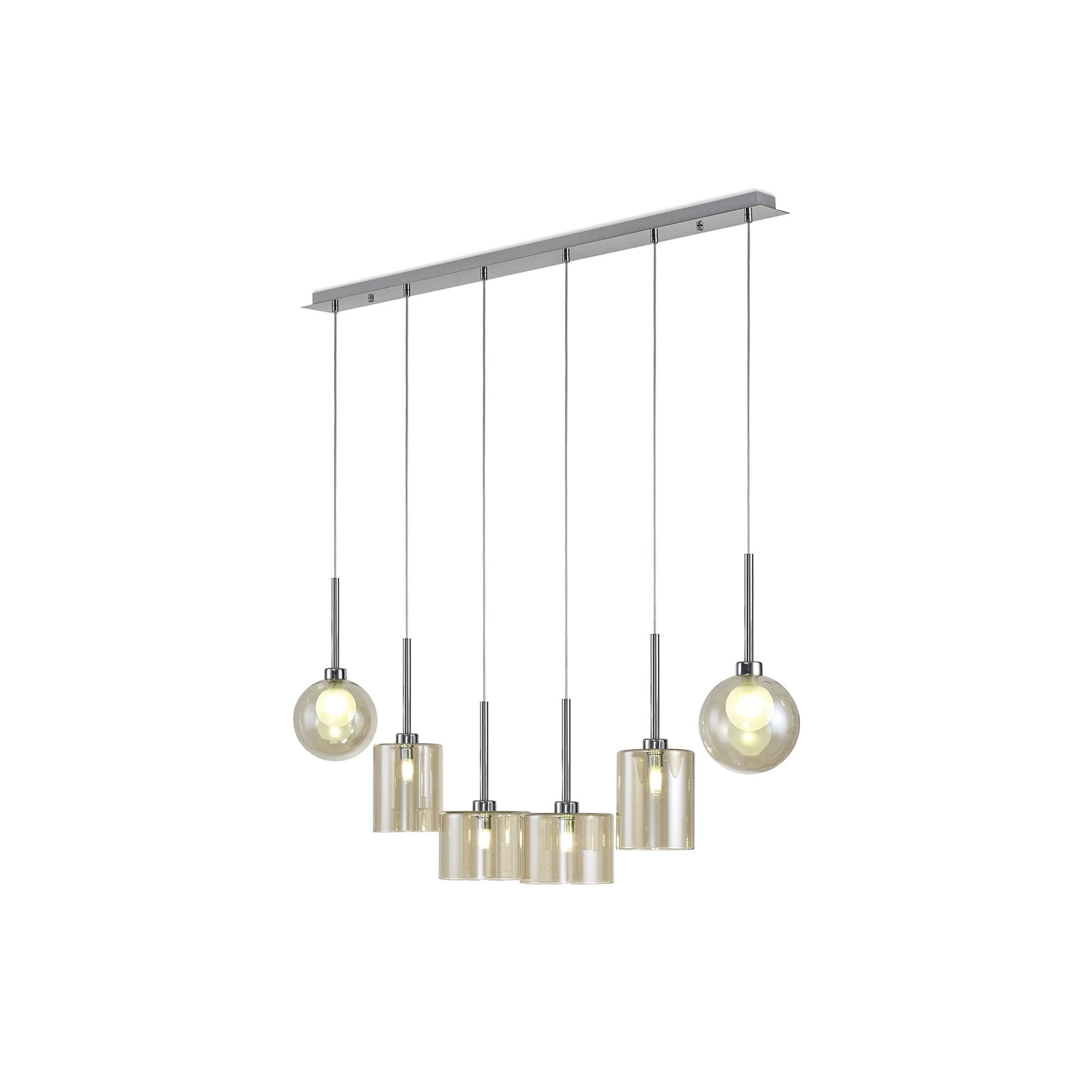 Fabula Tamworth 6 Light Linear Pendant - Mixed Shades F - Polished Chrome, Cognac & Frosted Glass