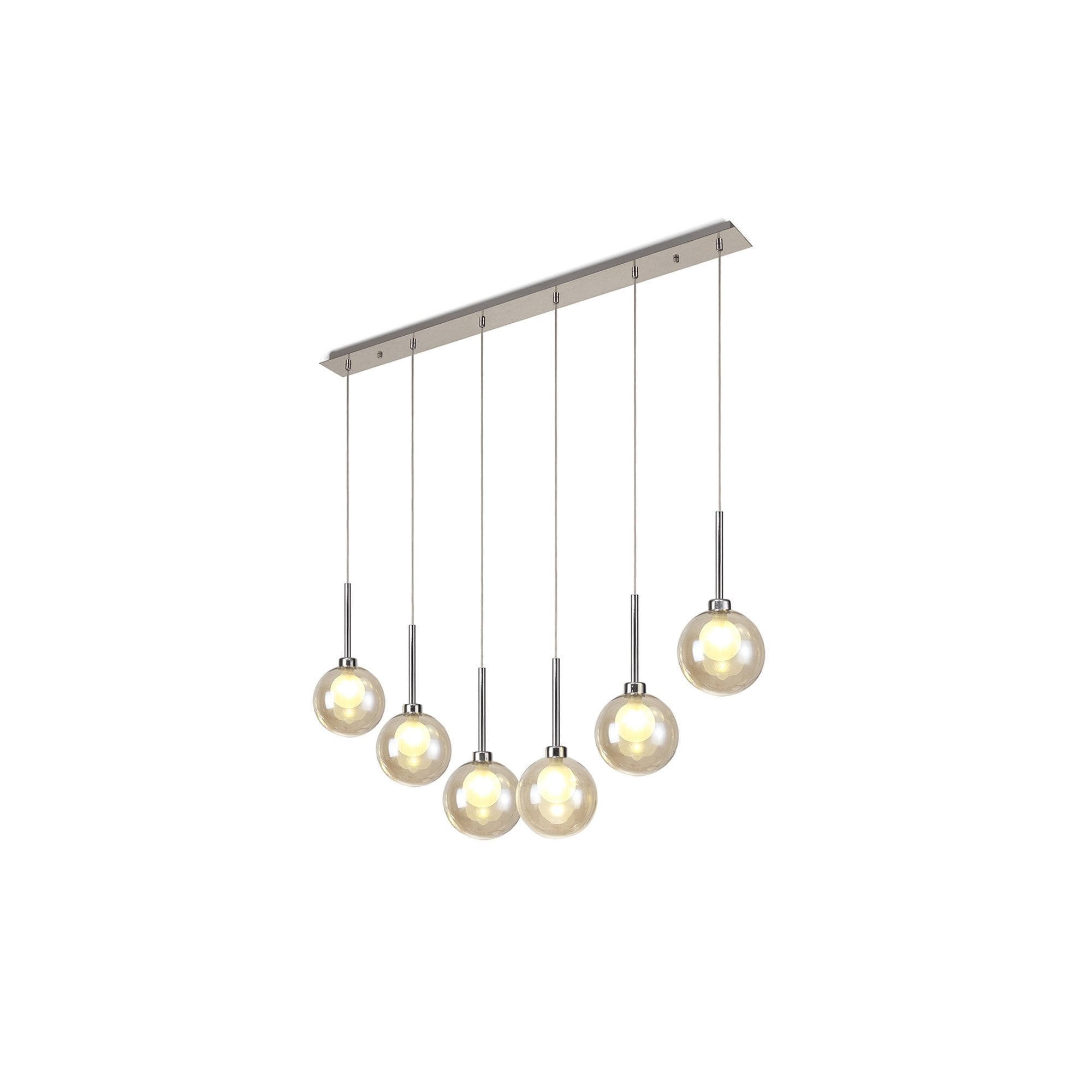 Fabula Tamworth 6 Light Linear Pendant - Round Shades with Inner Frosted Globes - Polished Chrome, Cognac & Frosted Glass