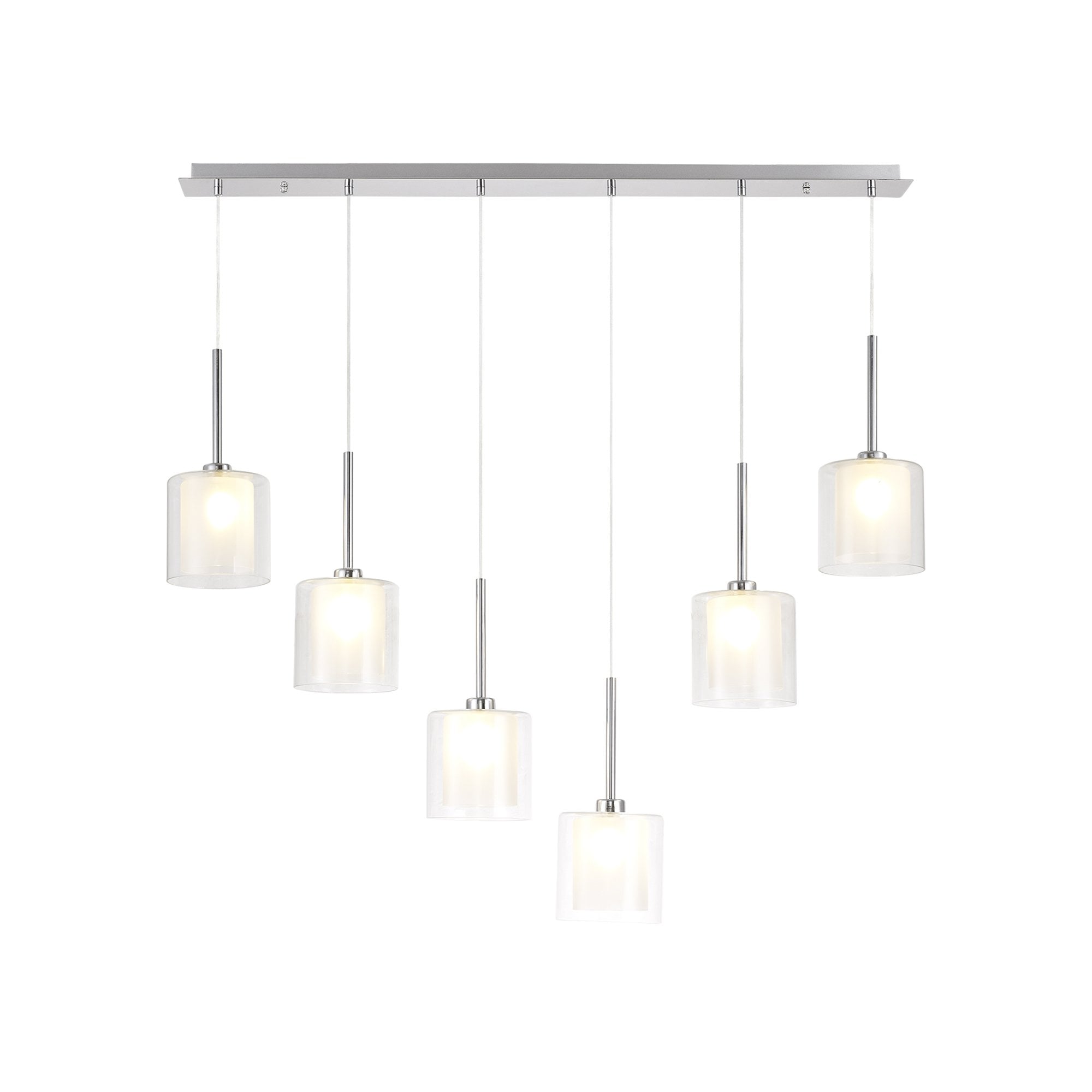 Fabula Tamworth 6 Light Linear Pendant - Medium Cylinder Shades with Clear Outer Glass - Polished Chrome, Frosted & Clear Glass