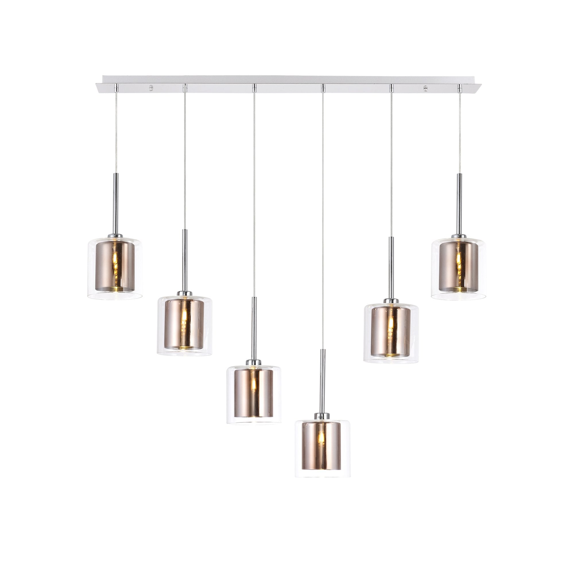 Fabula Tamworth 6 Light Linear Pendant - Medium Cylinder Shades with Clear Outer Glass - Polished Chrome, Copper & Clear Glass