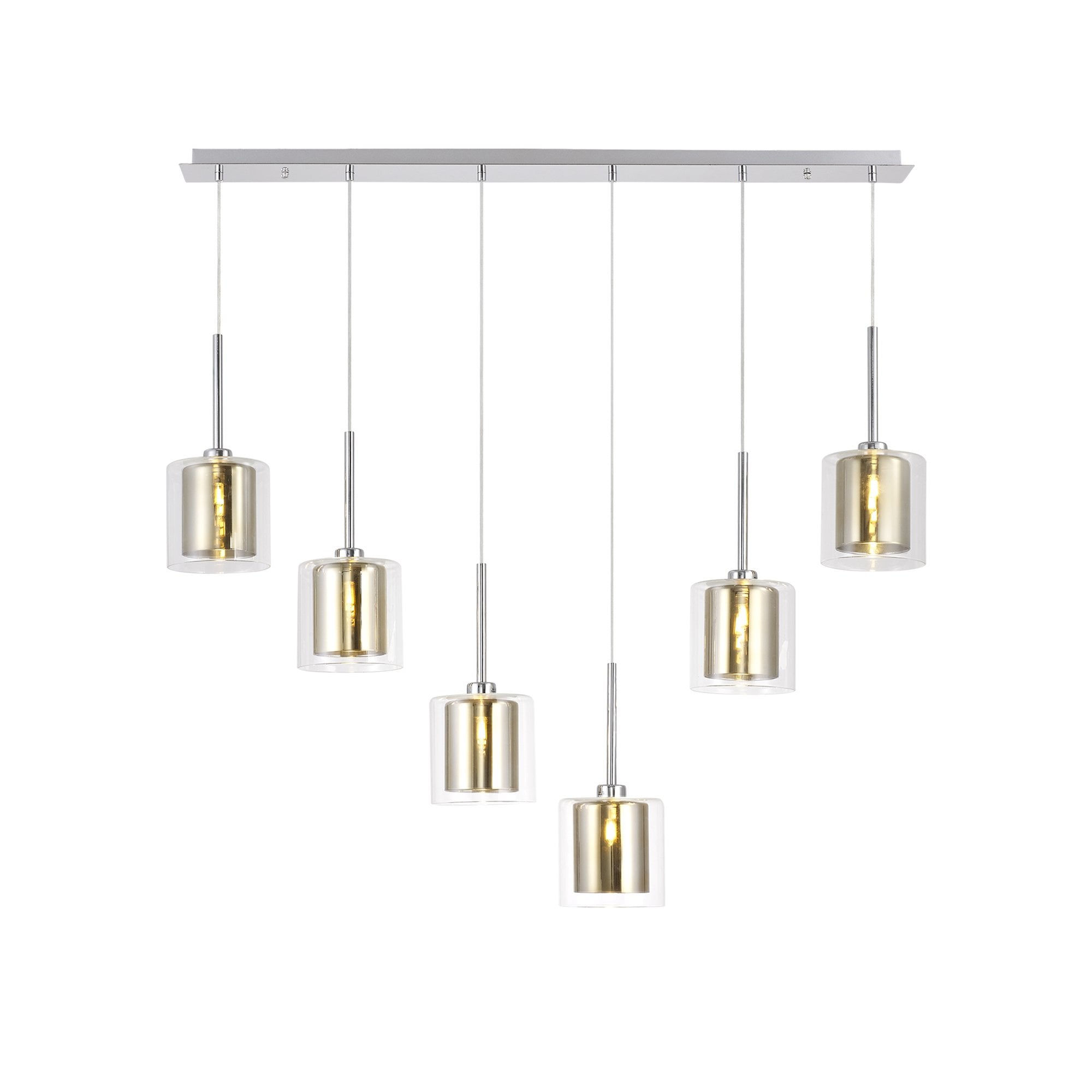 Fabula Tamworth 6 Light Linear Pendant - Medium Cylinder Shades with Clear Outer Glass - Polished Chrome, Gold & Clear Glass