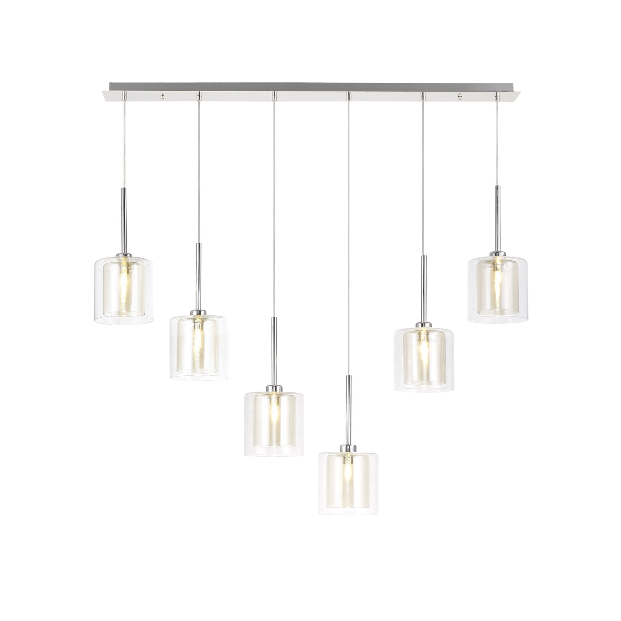 Fabula Tamworth 6 Light Linear Pendant - Medium Cylinder Shades with Clear Outer Glass - Polished Chrome, Cognac & Clear Glass