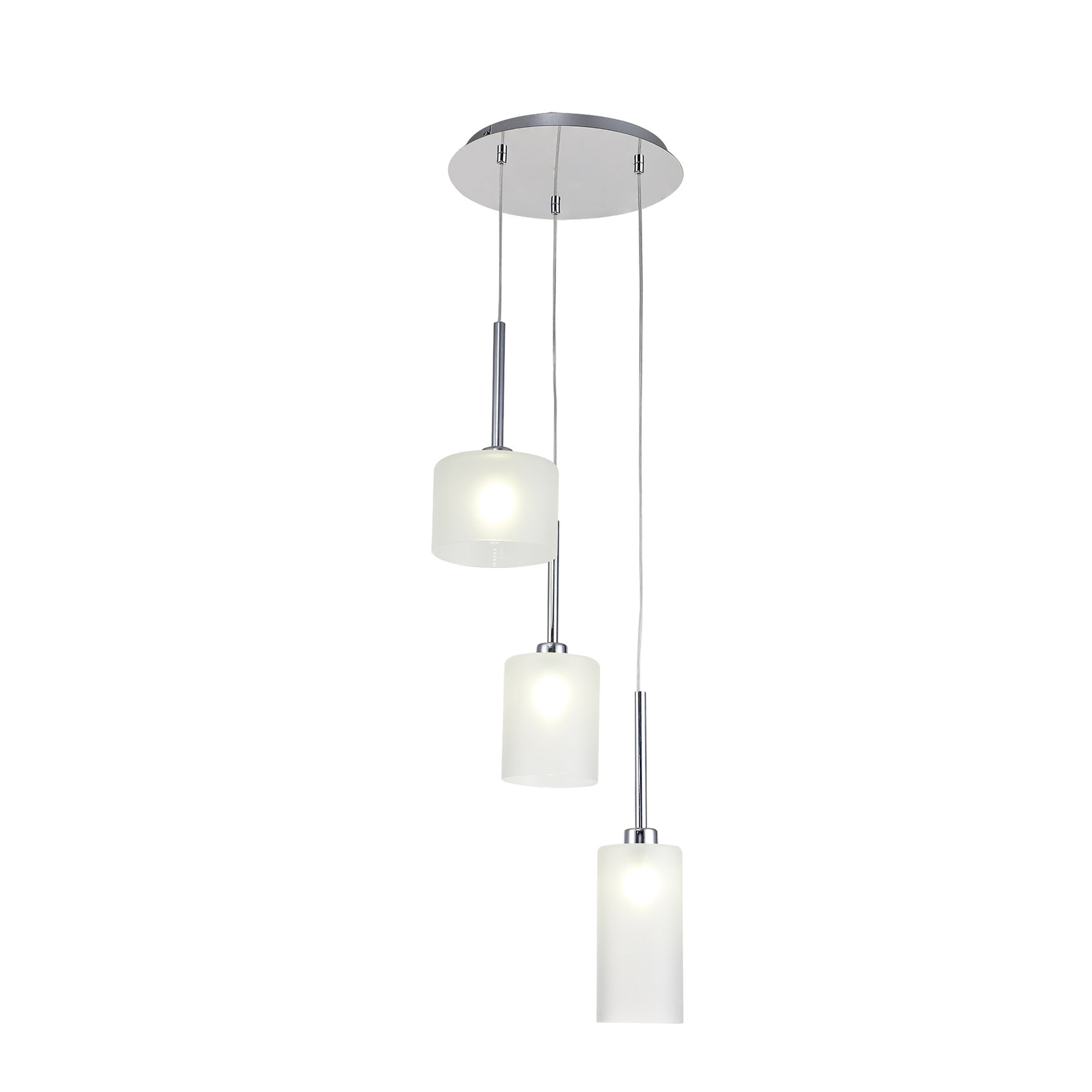 Fabula Tamworth 3 Light Round Pendant - Mixed Cylinder Shades - Polished Chrome & Frosted Glass
