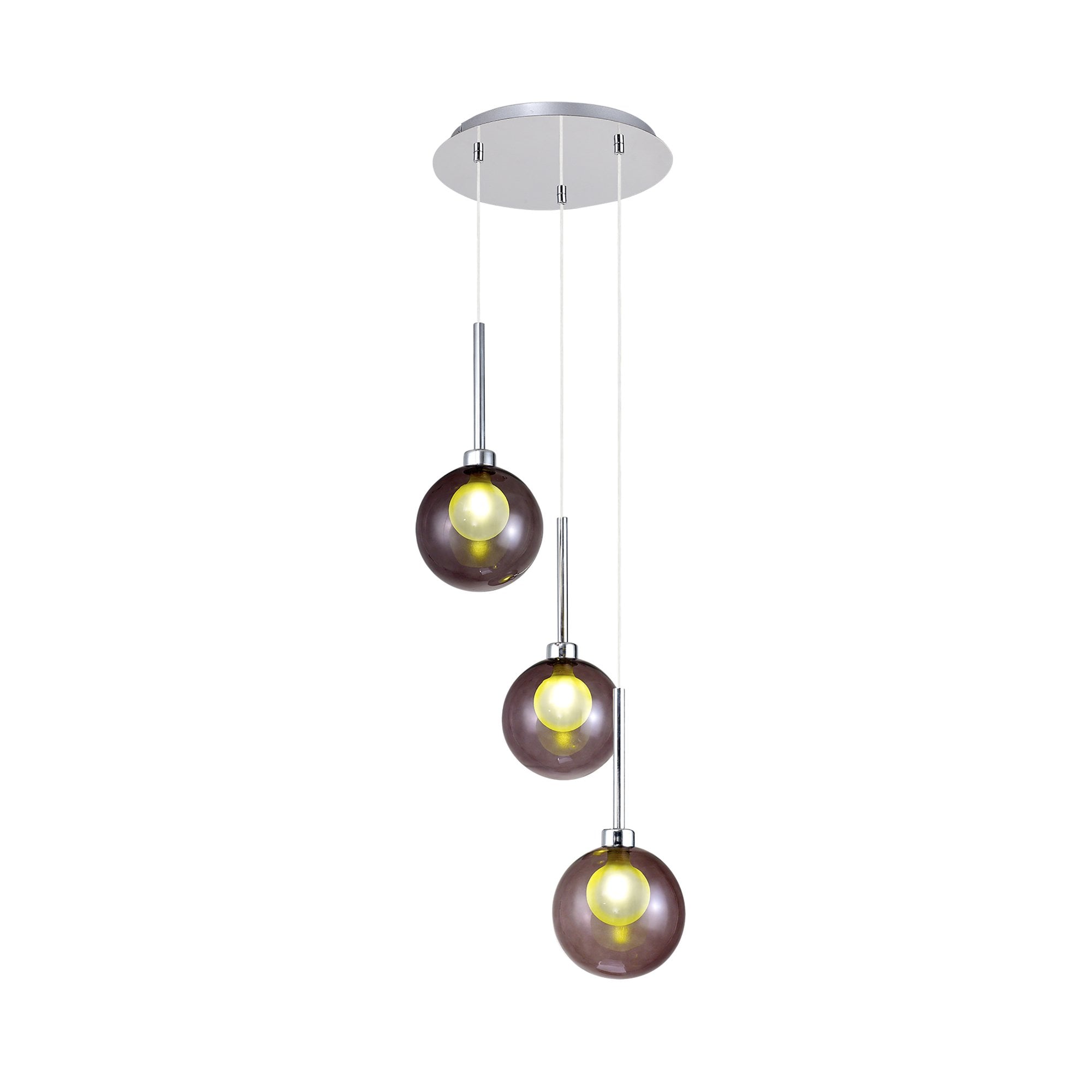 Fabula Tamworth 3 Light Round Pendant - Round Shades with Inner Frosted Globes - Polished Chrome, Smoked & Frosted Glass
