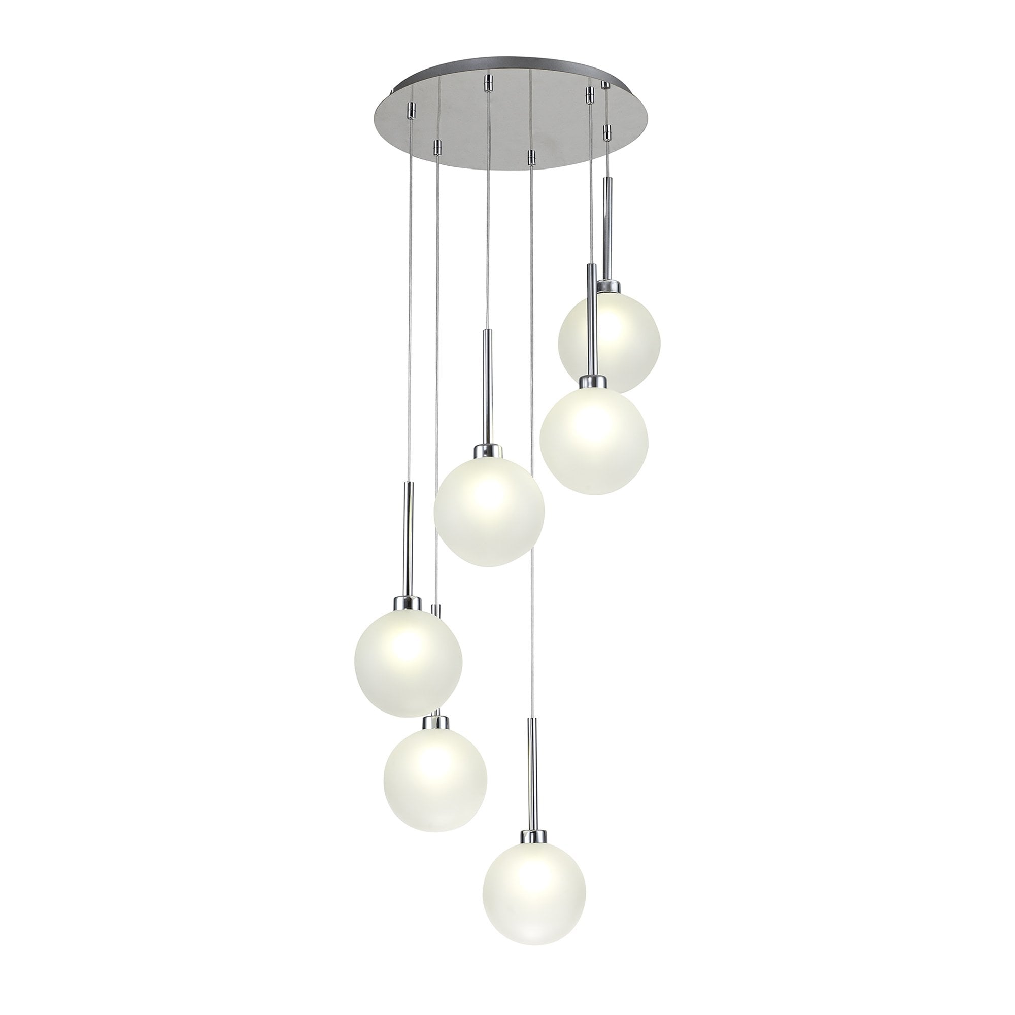 Fabula Tamworth 6 Light Round Pendant - Round Shades with Inner Frosted Globes - Polished Chrome & Frosted Glass