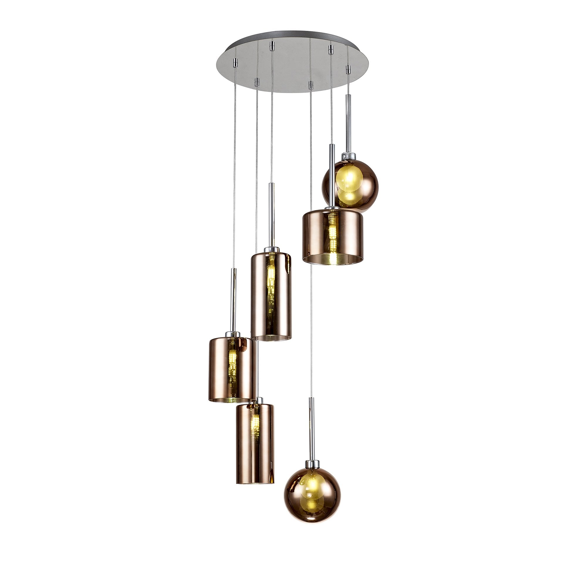 Fabula Tamworth 6 Light Round Pendant - Mixed Shades G - Polished Chrome, Copper & Frosted Glass