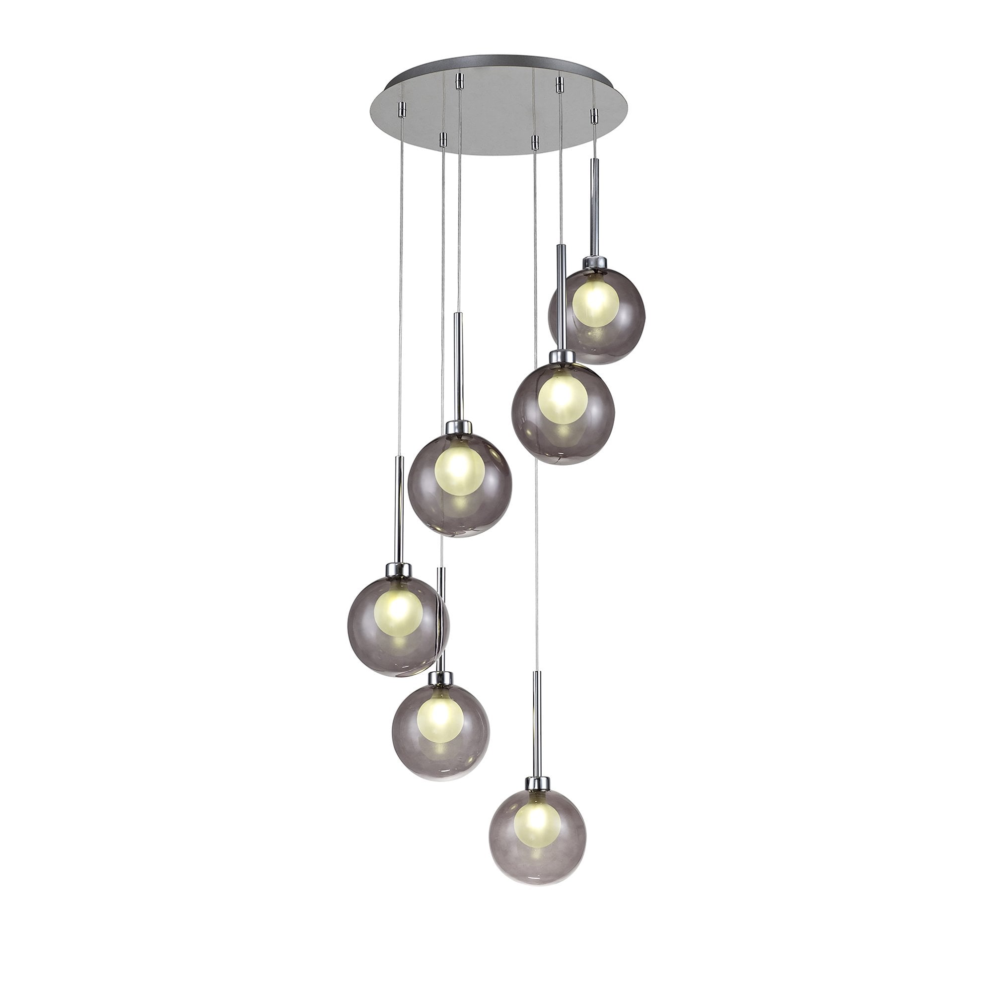 Fabula Tamworth 6 Light Round Pendant - Round Shades with Inner Frosted Globes - Polished Chrome, Smoked & Frosted Glass