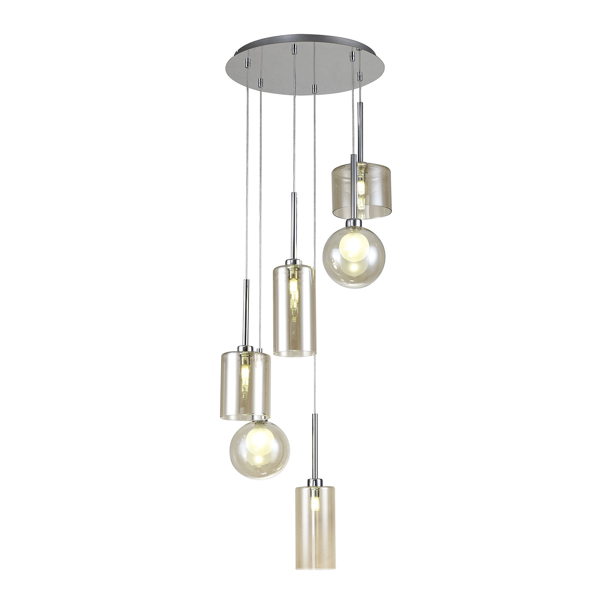 Fabula Tamworth 6 Light Round Pendant - Mixed Shades G - Polished Chrome, Cognac & Frosted Glass