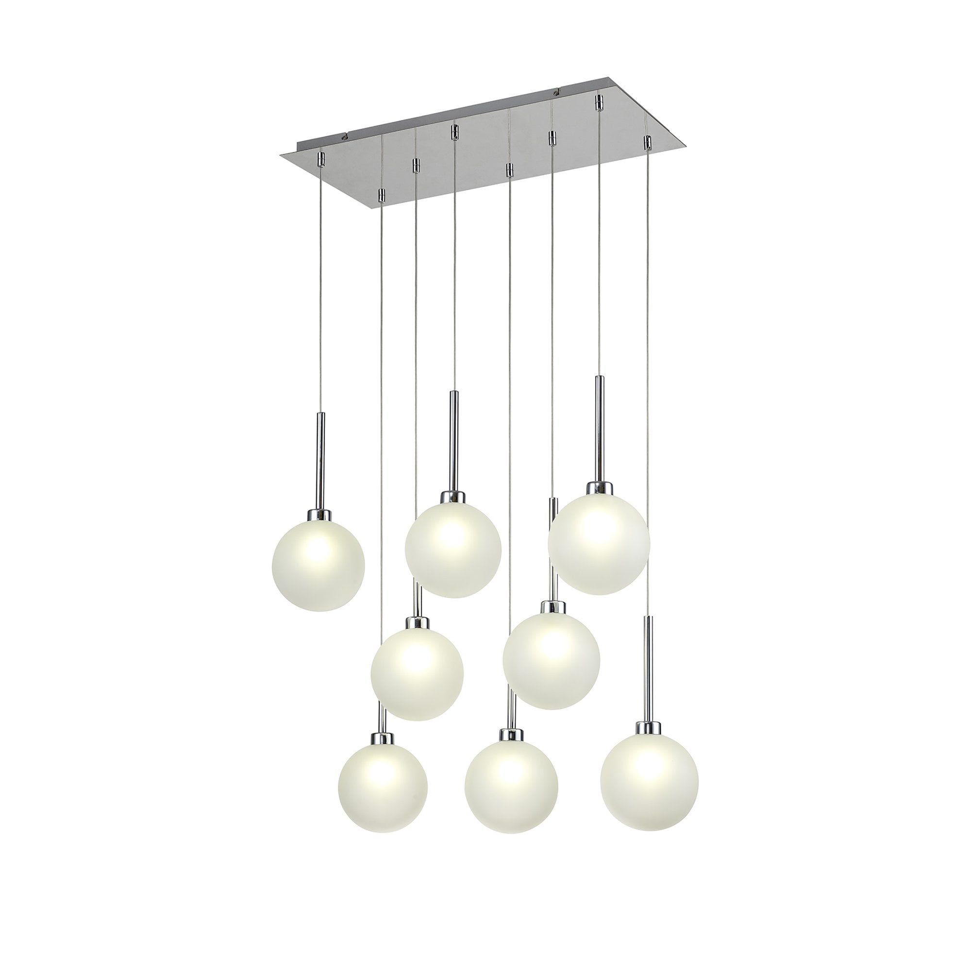 Fabula Tamworth 8 Light Rectangle Pendant - Round Shades with Inner Frosted Globes - Polished Chrome & Frosted Glass