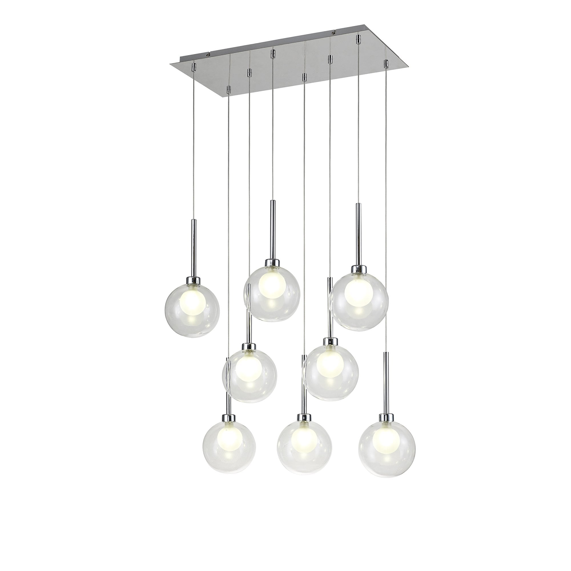 Fabula Tamworth 8 Light Rectangle Pendant - Round Shades with Inner Frosted Globes - Polished Chrome, Clear & Frosted Glass