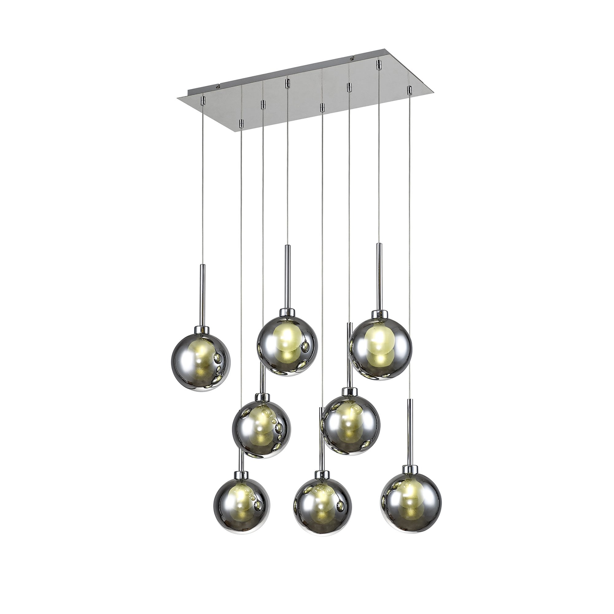 Fabula Tamworth 8 Light Rectangle Pendant - Round Shades with Inner Frosted Globes - Polished Chrome, Chrome & Frosted Glass