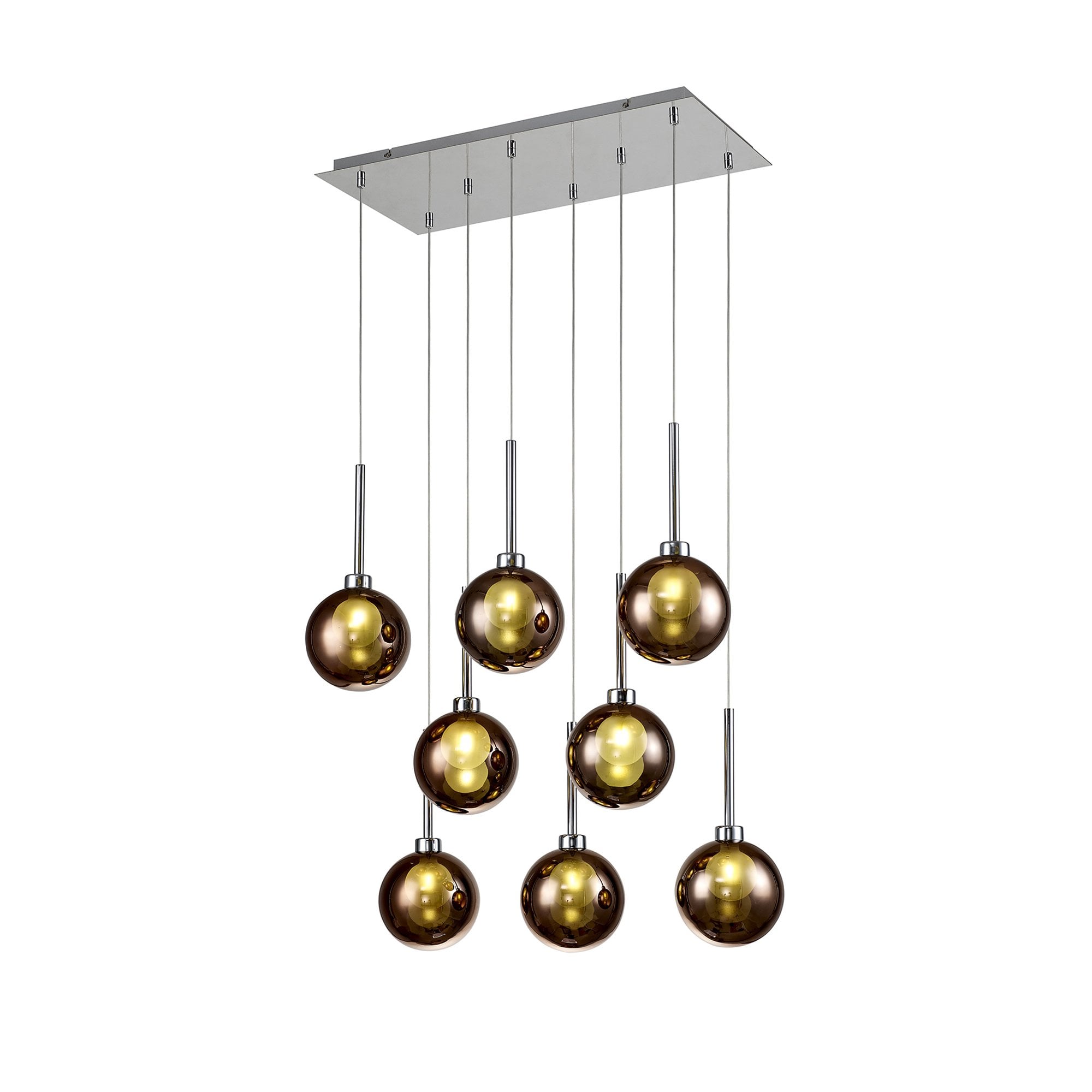 Fabula Tamworth 8 Light Rectangle Pendant - Round Shades with Inner Frosted Globes - Polished Chrome, Copper & Frosted Glass