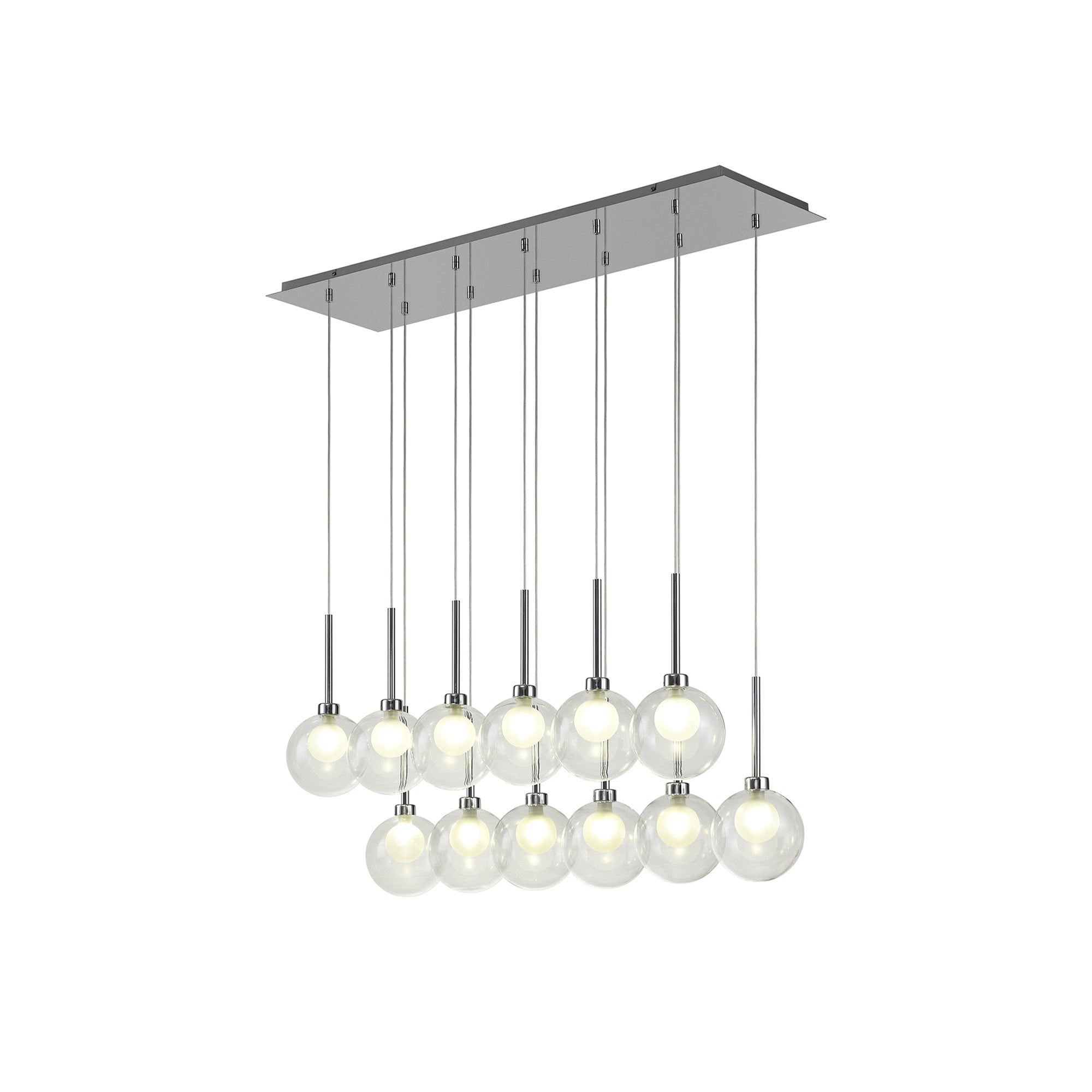 Fabula Tamworth 12 Light Linear Pendant - Round Shades with Inner Frosted Globes - Polished Chrome, Clear & Frosted Glass