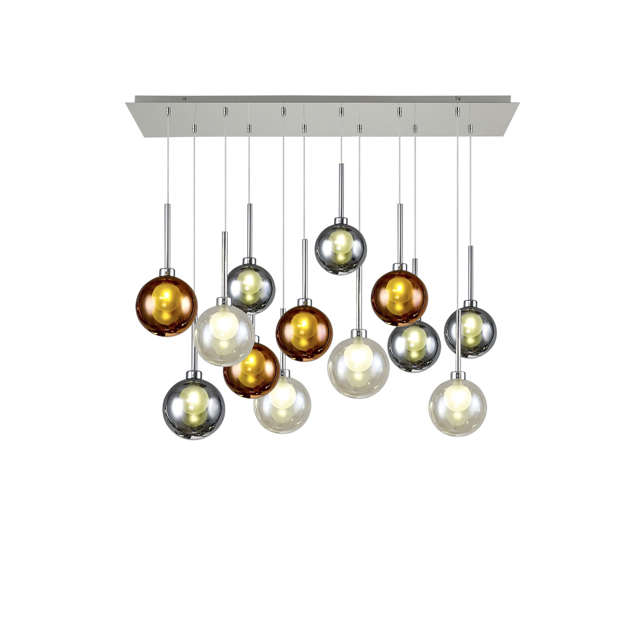 Fabula Tamworth 12 Light Linear Pendant - Round Shades with Inner Frosted Globes - Polished Chrome, Chrome, Frosted, Copper & Cognac Glass