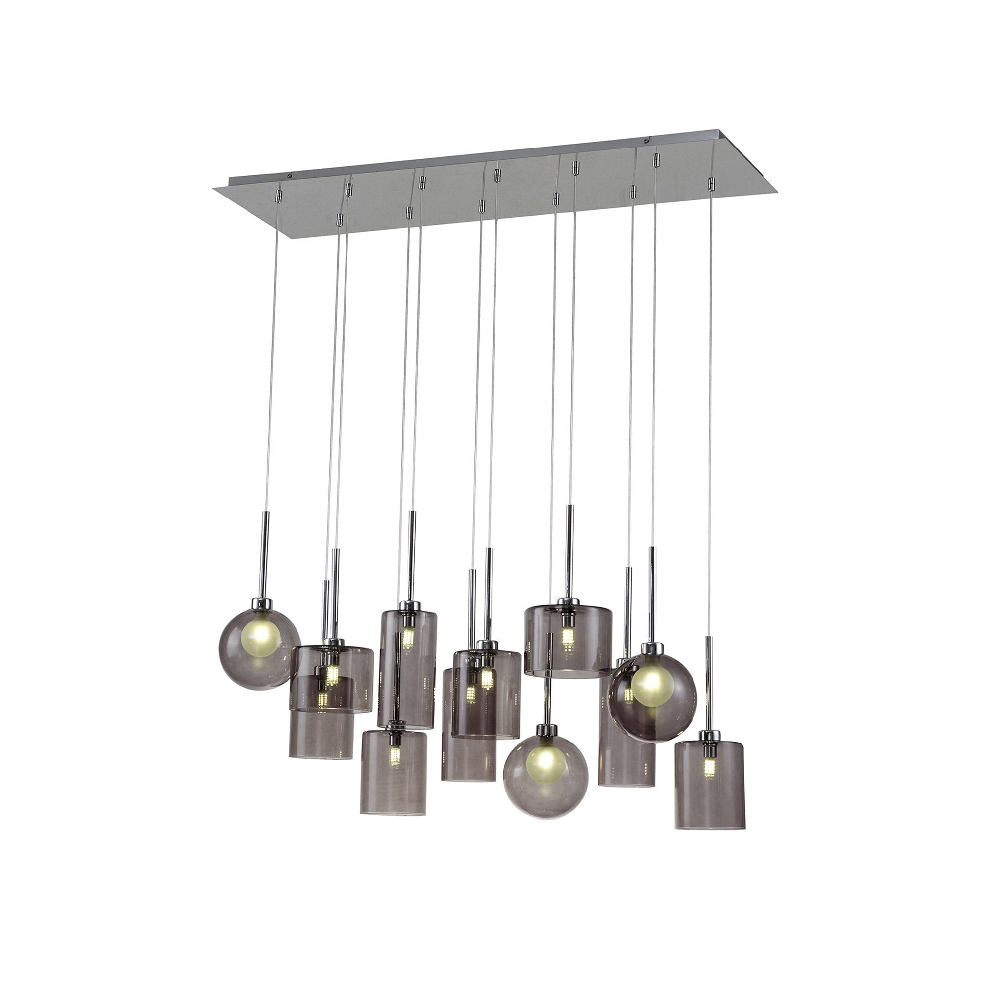 Fabula Tamworth 12 Light Linear Pendant - Mixed Shades G - Polished Chrome, Smoked & Frosted Glass