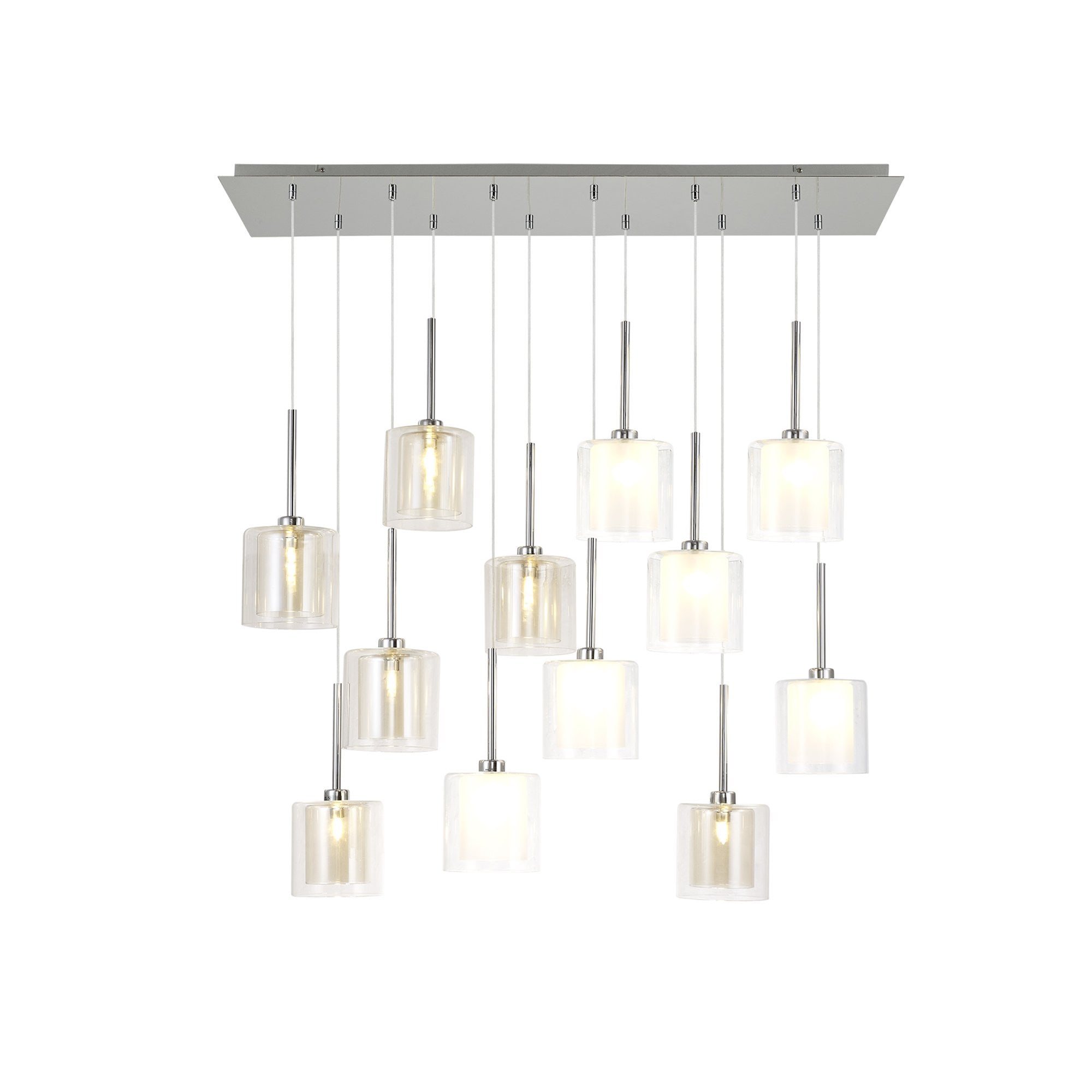 Fabula Tamworth 12 Light Linear Pendant - Medium Cylinder Shades with Clear Outer Glass - Polished Chrome, Frosted, Clear & Cognac Glass