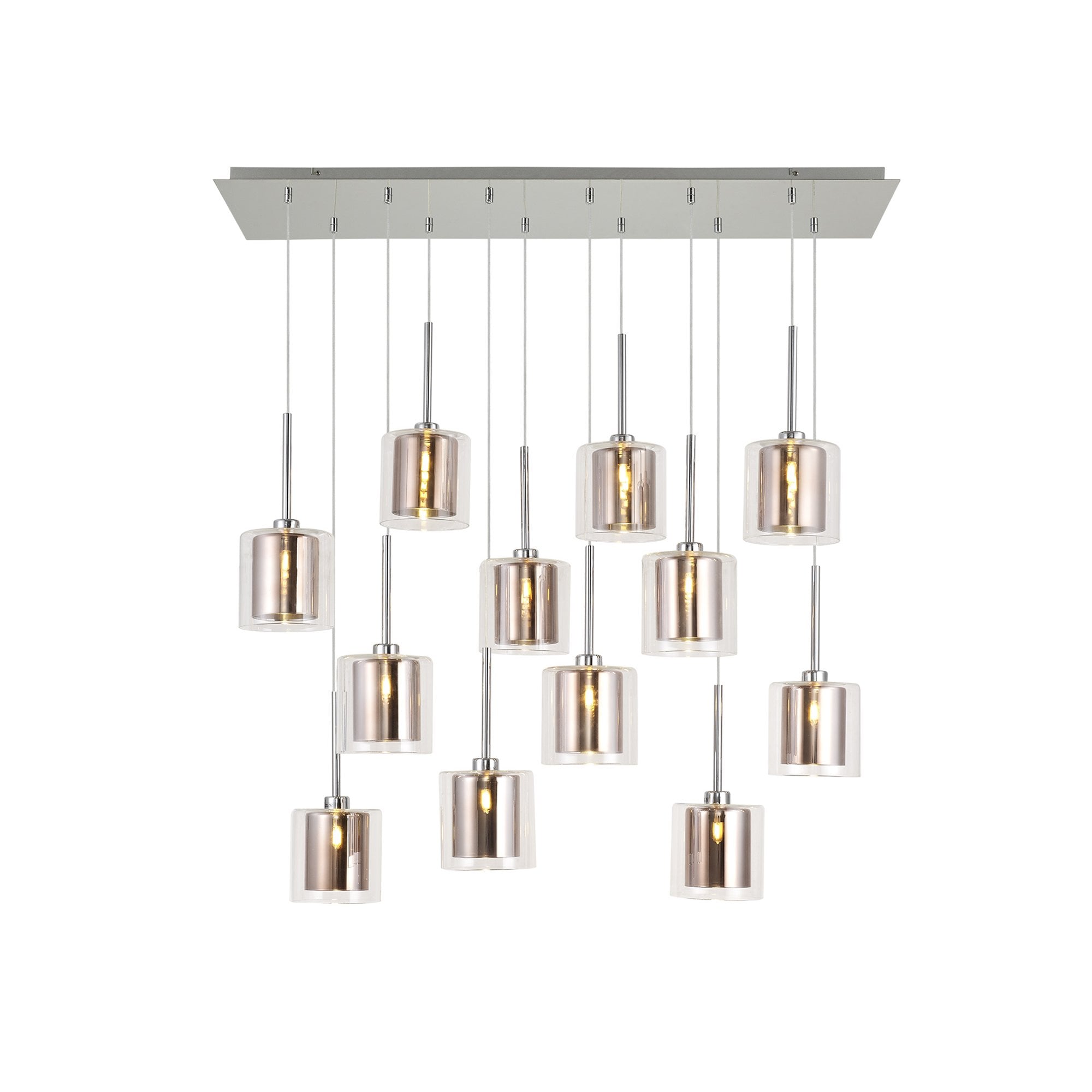 Fabula Tamworth 12 Light Linear Pendant - Medium Cylinder Shades with Clear Outer Glass - Polished Chrome, Copper & Clear Glass