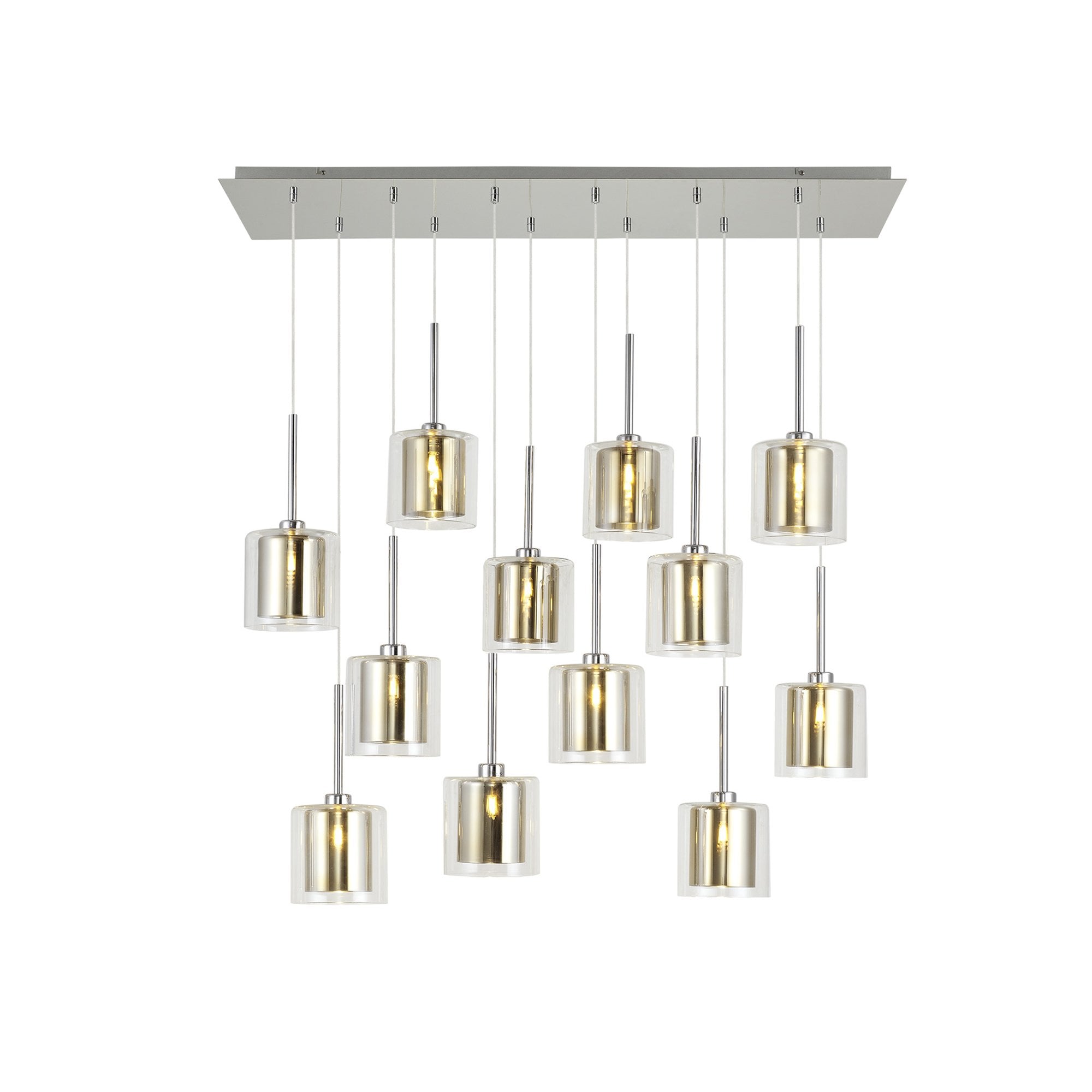 Fabula Tamworth 12 Light Linear Pendant - Medium Cylinder Shades with Clear Outer Glass - Polished Chrome, Gold & Clear Glass