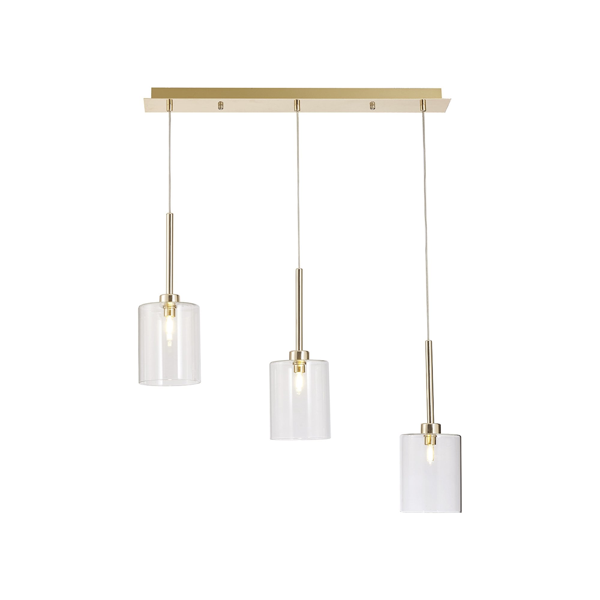 Fabula Tamworth 3 Light Linear Pendant - Medium Cylinder Shades - French Gold & Clear Glass