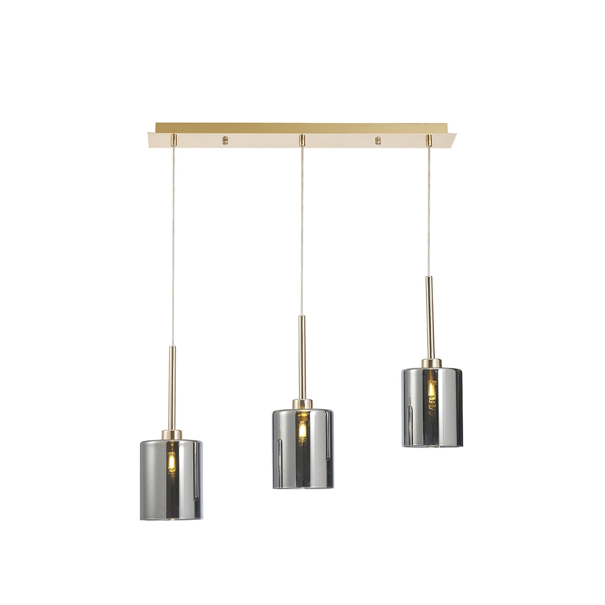 Fabula Tamworth 3 Light Linear Pendant - Medium Cylinder Shades - French Gold & Chrome Glass