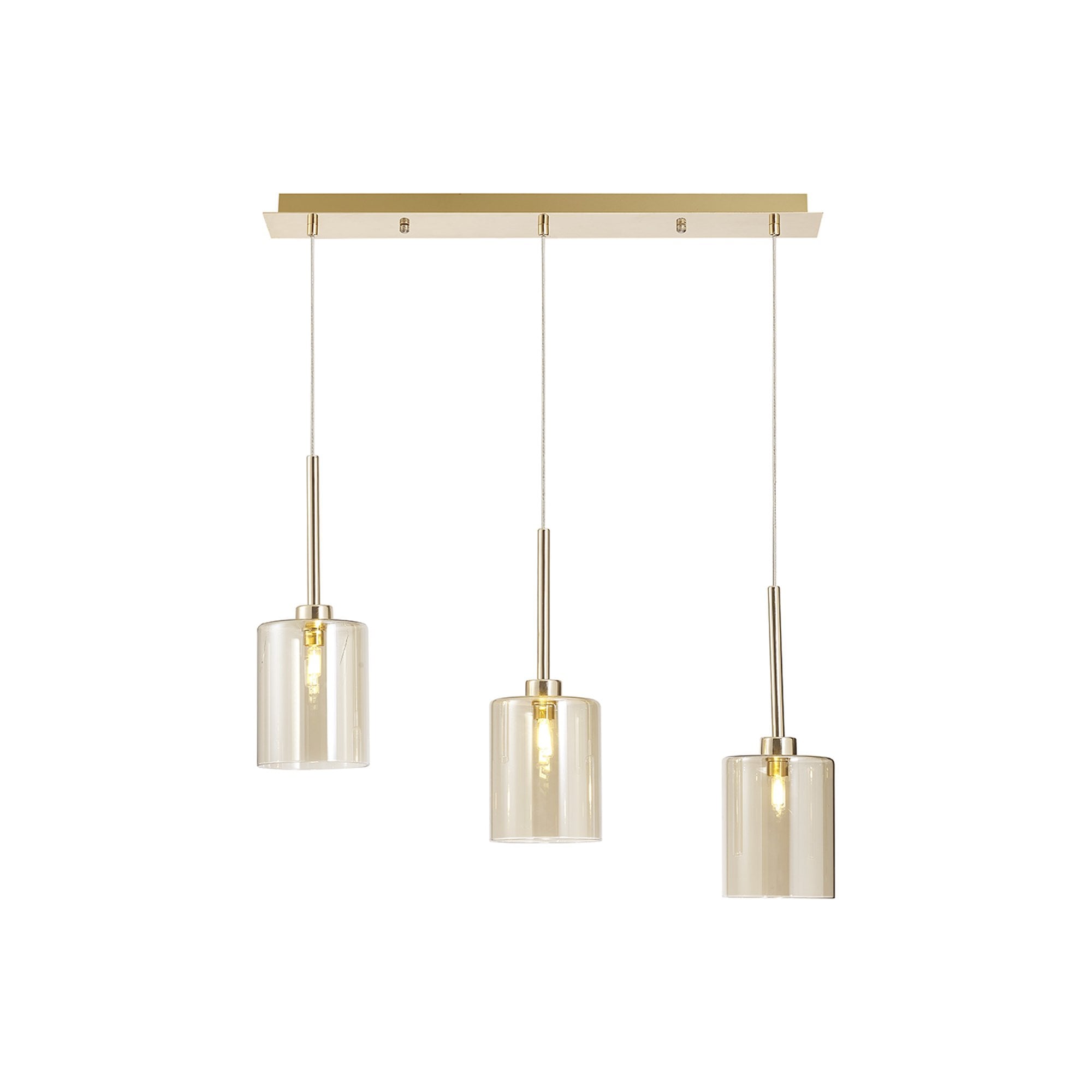 Fabula Tamworth 3 Light Linear Pendant - Medium Cylinder Shades - French Gold & Cognac Glass