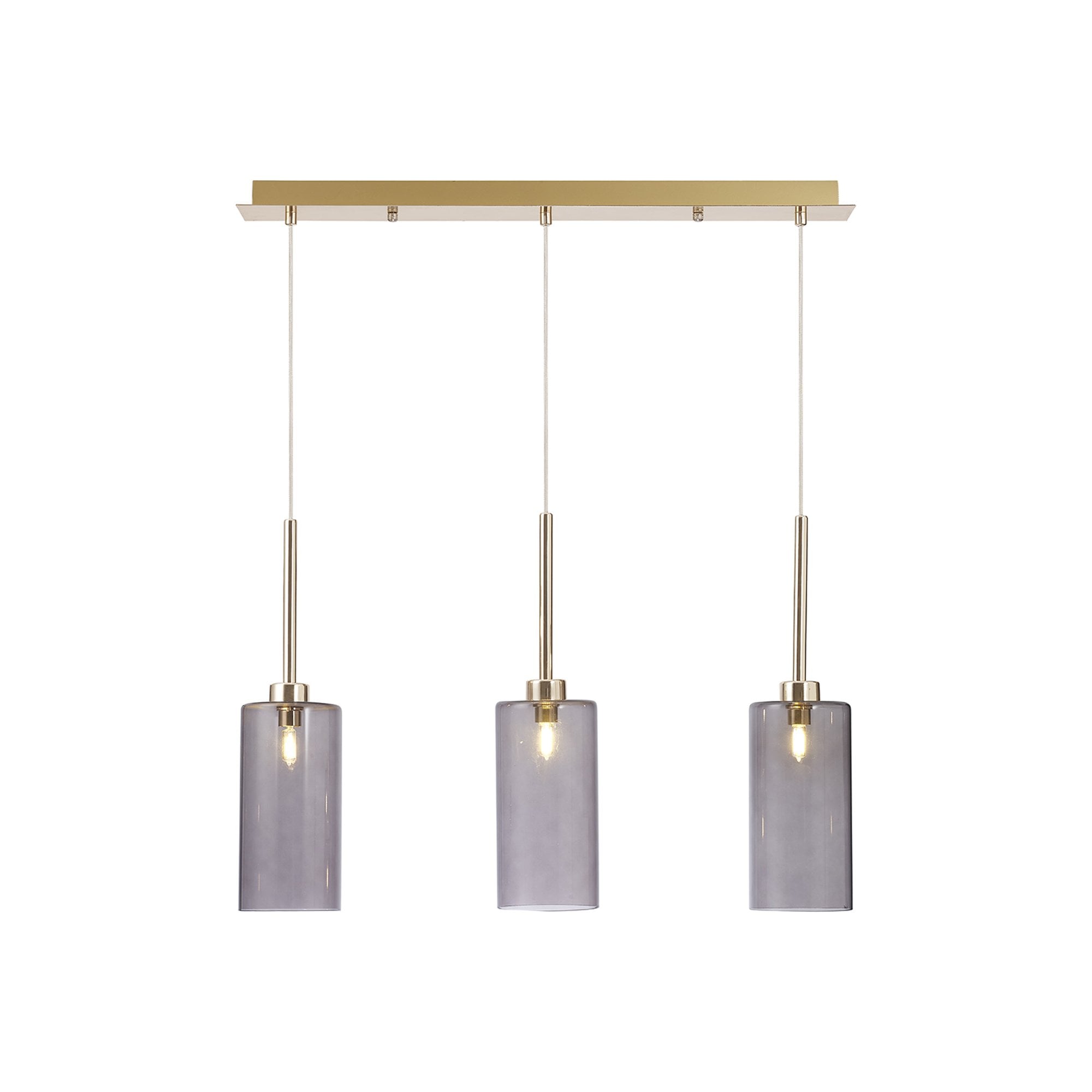 Fabula Tamworth 3 Light Linear Pendant - Tall Cylinder Shades - French Gold & Smoked Glass