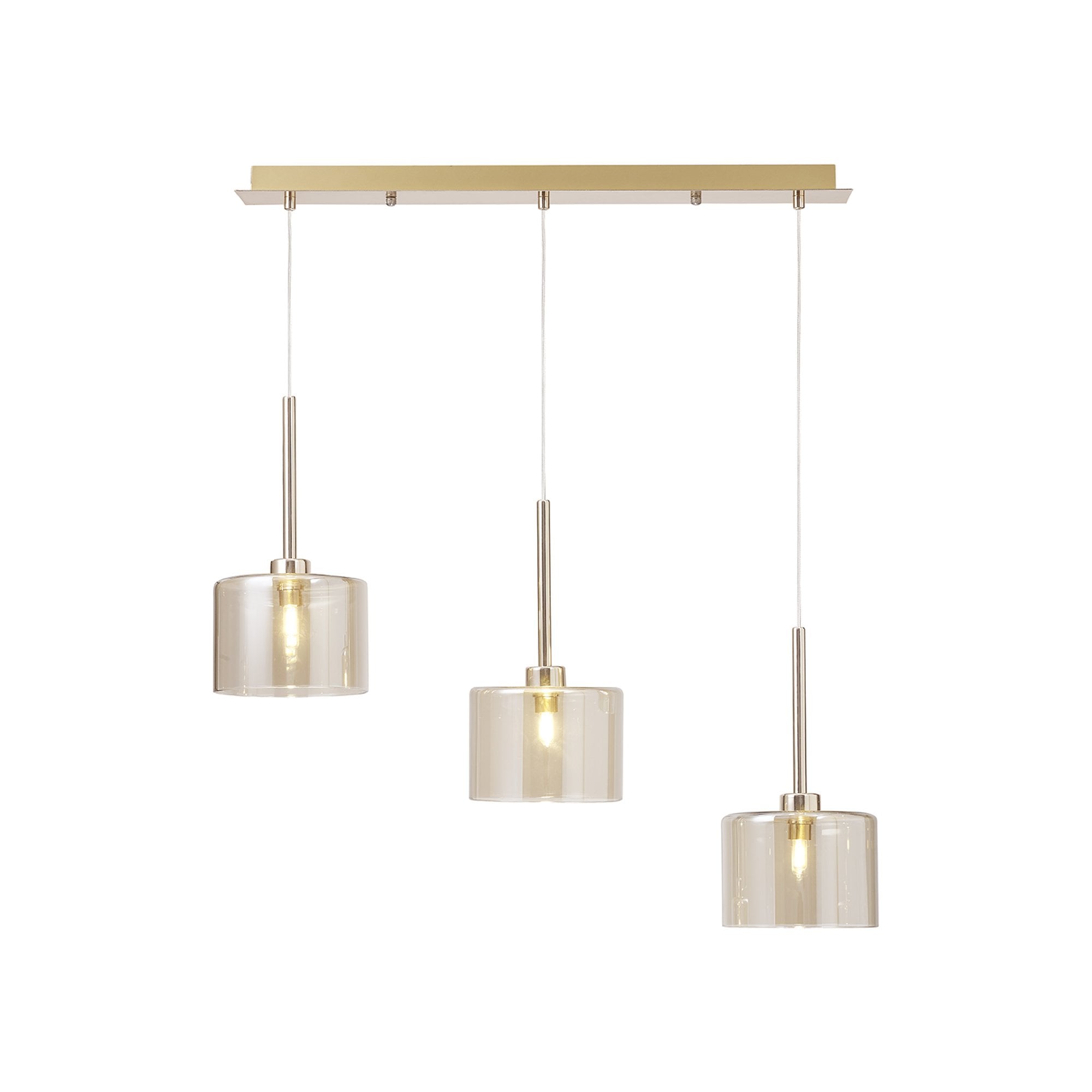 Fabula Tamworth 3 Light Linear Pendant - Short Cylinder Shades - French Gold & Cognac Glass