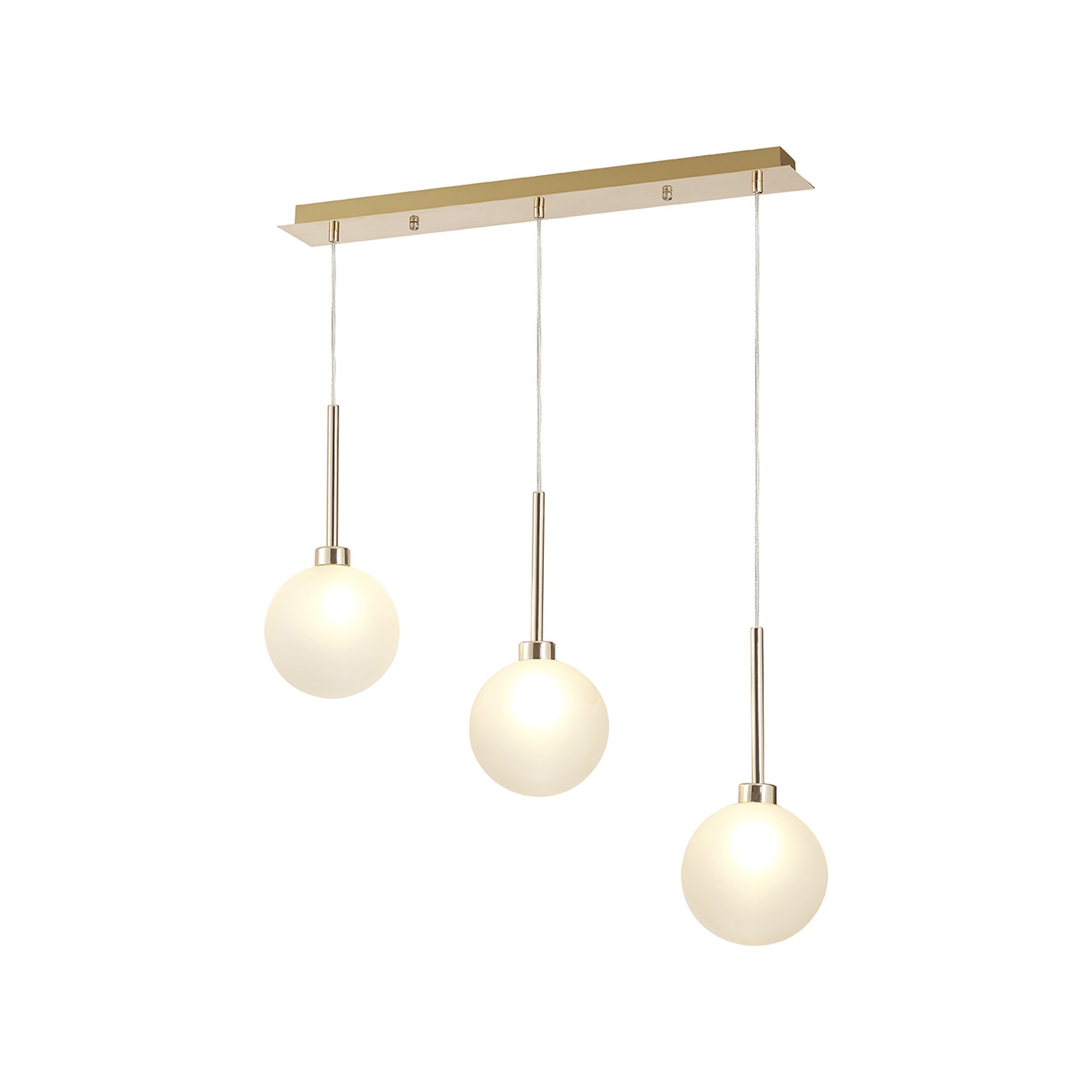 Fabula Tamworth 3 Light Linear Pendant - Round Shades with Inner Frosted Globes - French Gold & Frosted Glass
