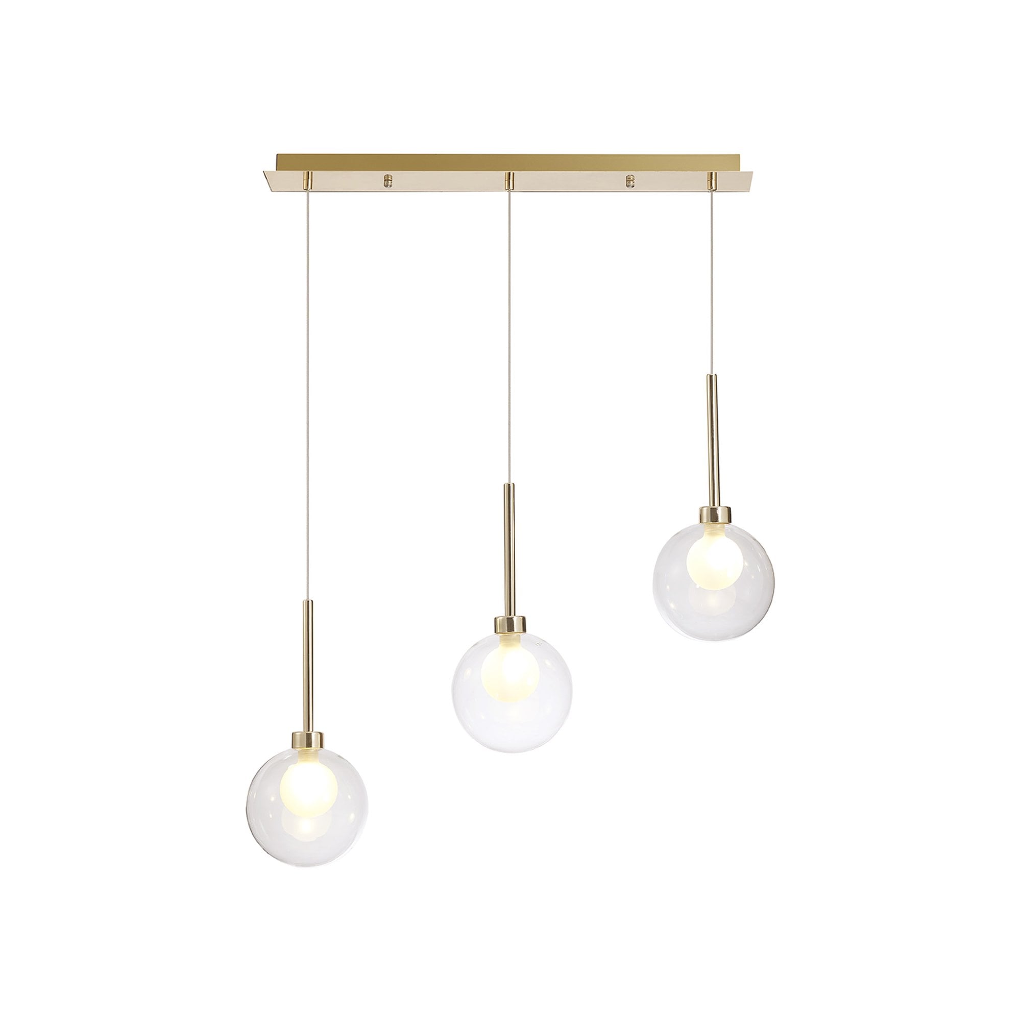 Fabula Tamworth 3 Light Linear Pendant - Round Shades with Inner Frosted Globes - French Gold, Clear & Frosted Glass