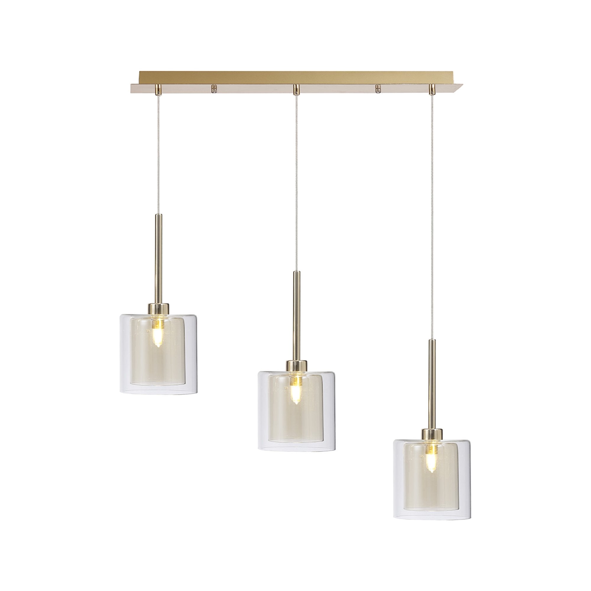 Fabula Tamworth 3 Light Linear Pendant - Medium Cylinder Shades with Clear Outer Glass - French Gold, Cognac & Clear Glass