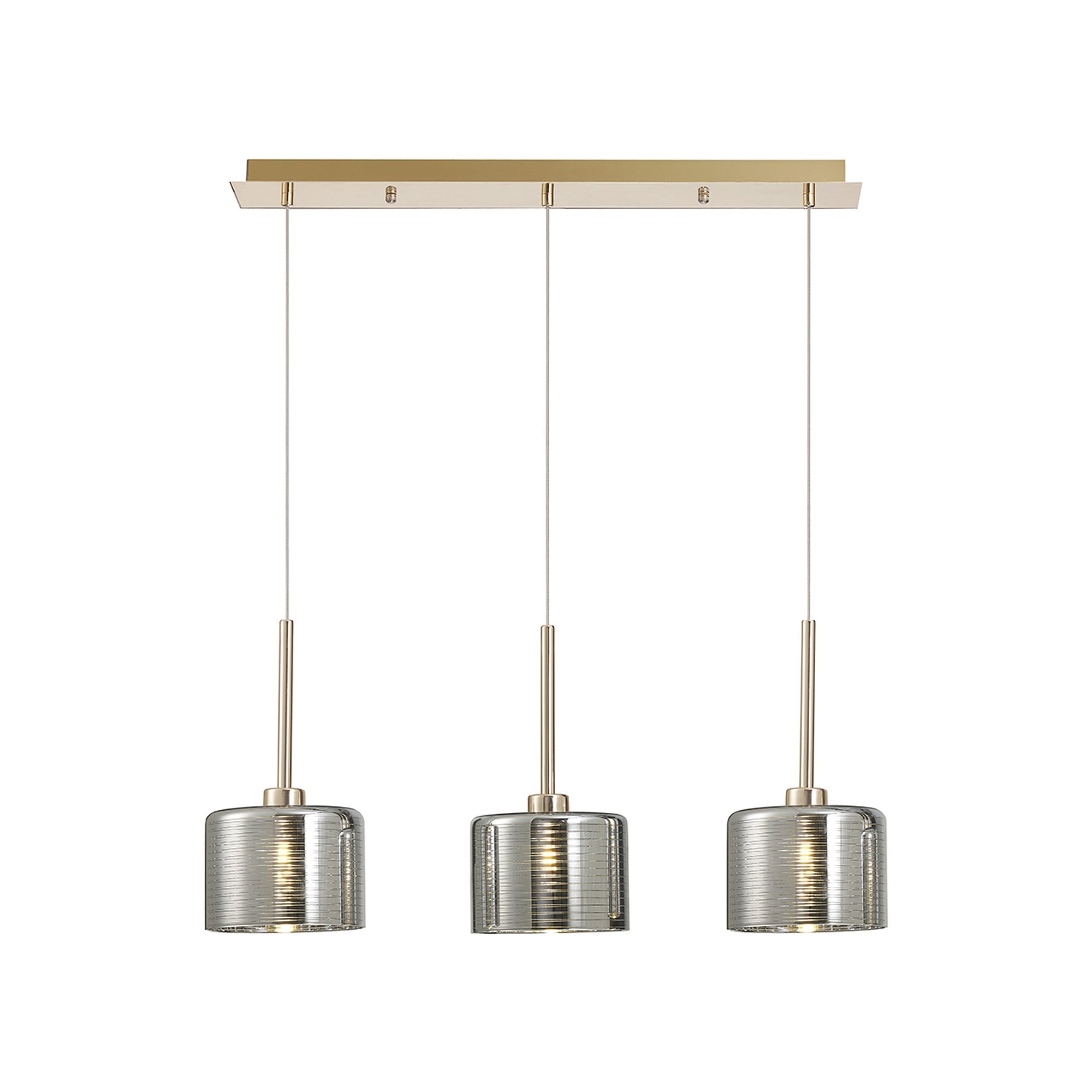 Fabula Tamworth 3 Light Linear Pendant - Short Cylinder Shades - French Gold & Chrome Glass