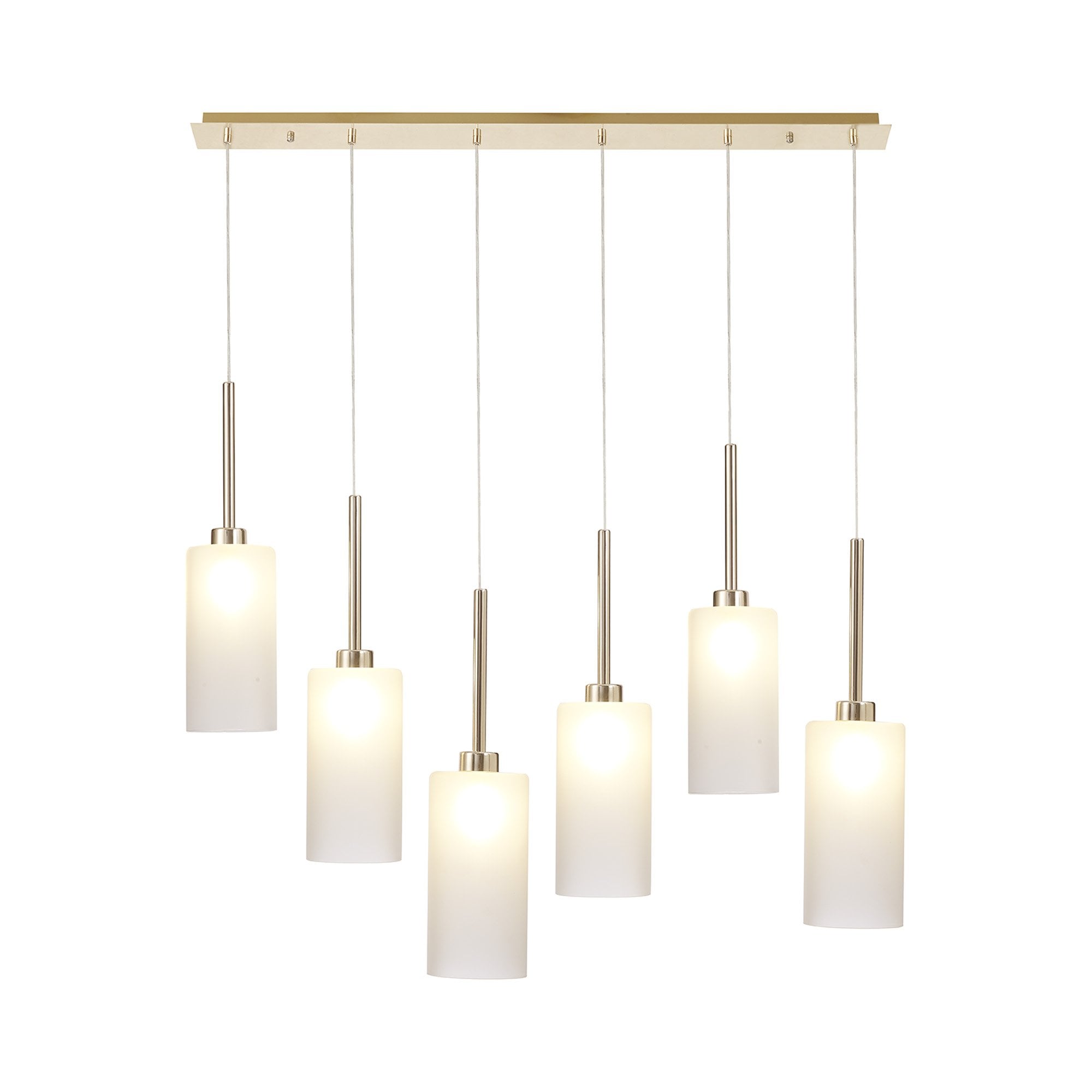 Fabula Tamworth 6 Light Linear Pendant - Tall Cylinder Shades - French Gold & Frosted Glass