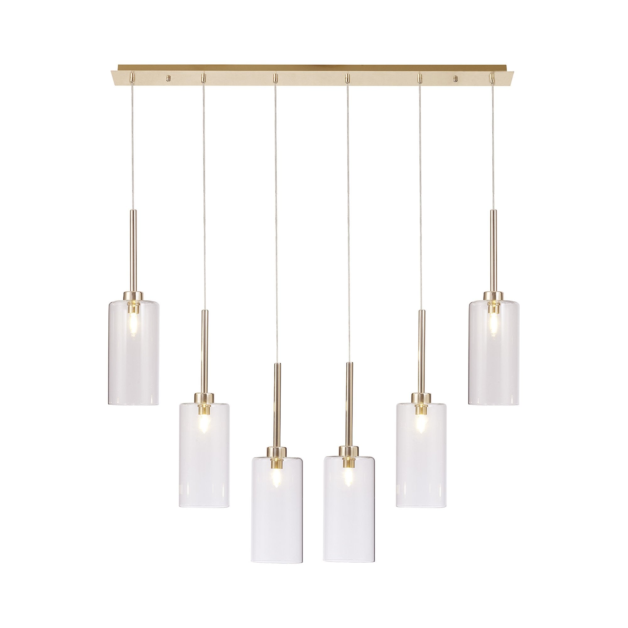 Fabula Tamworth 6 Light Linear Pendant - Tall Cylinder Shades - French Gold & Clear Glass