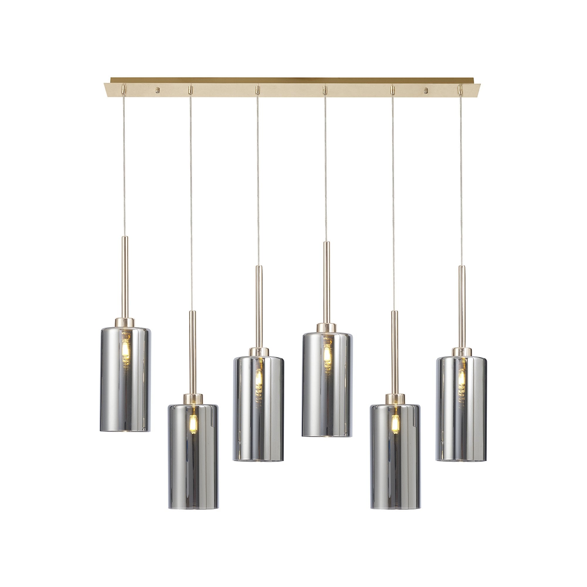 Fabula Tamworth 6 Light Linear Pendant - Tall Cylinder Shades - French Gold & Chrome Glass