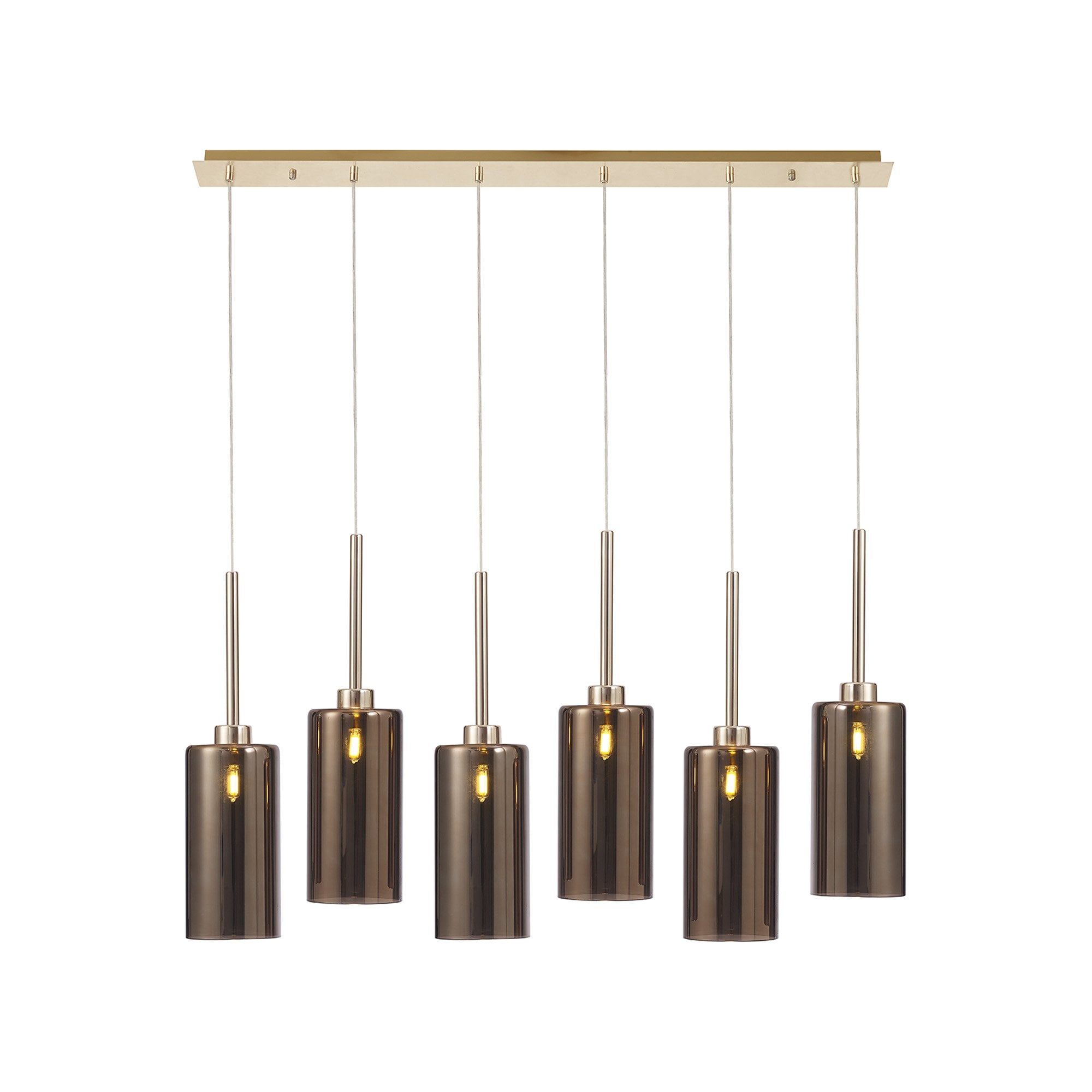 Fabula Tamworth 6 Light Linear Pendant - Tall Cylinder Shades - French Gold & Copper Glass