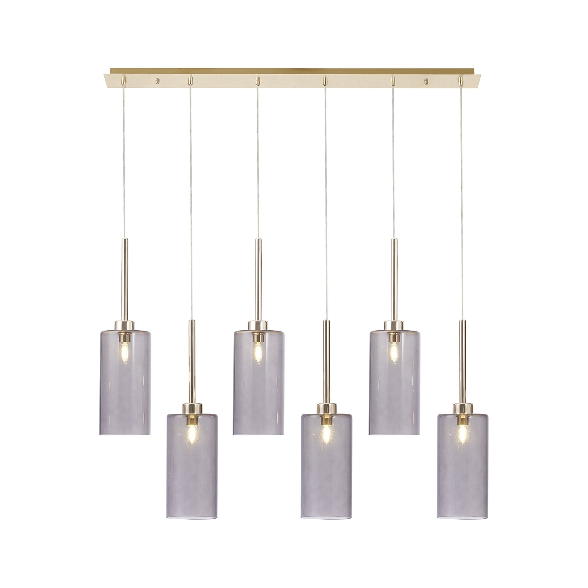 Fabula Tamworth 6 Light Linear Pendant - Tall Cylinder Shades - French Gold & Smoked Glass