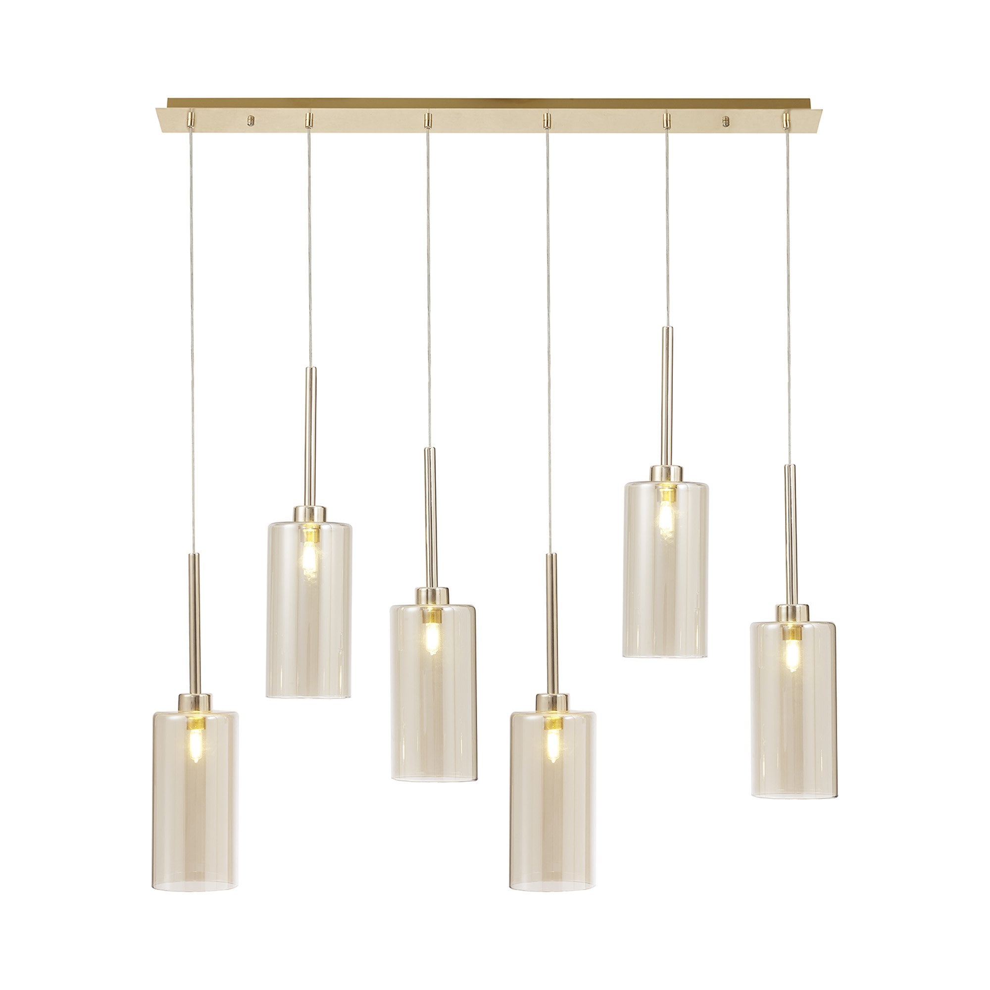 Fabula Tamworth 6 Light Linear Pendant - Tall Cylinder Shades - French Gold & Cognac Glass