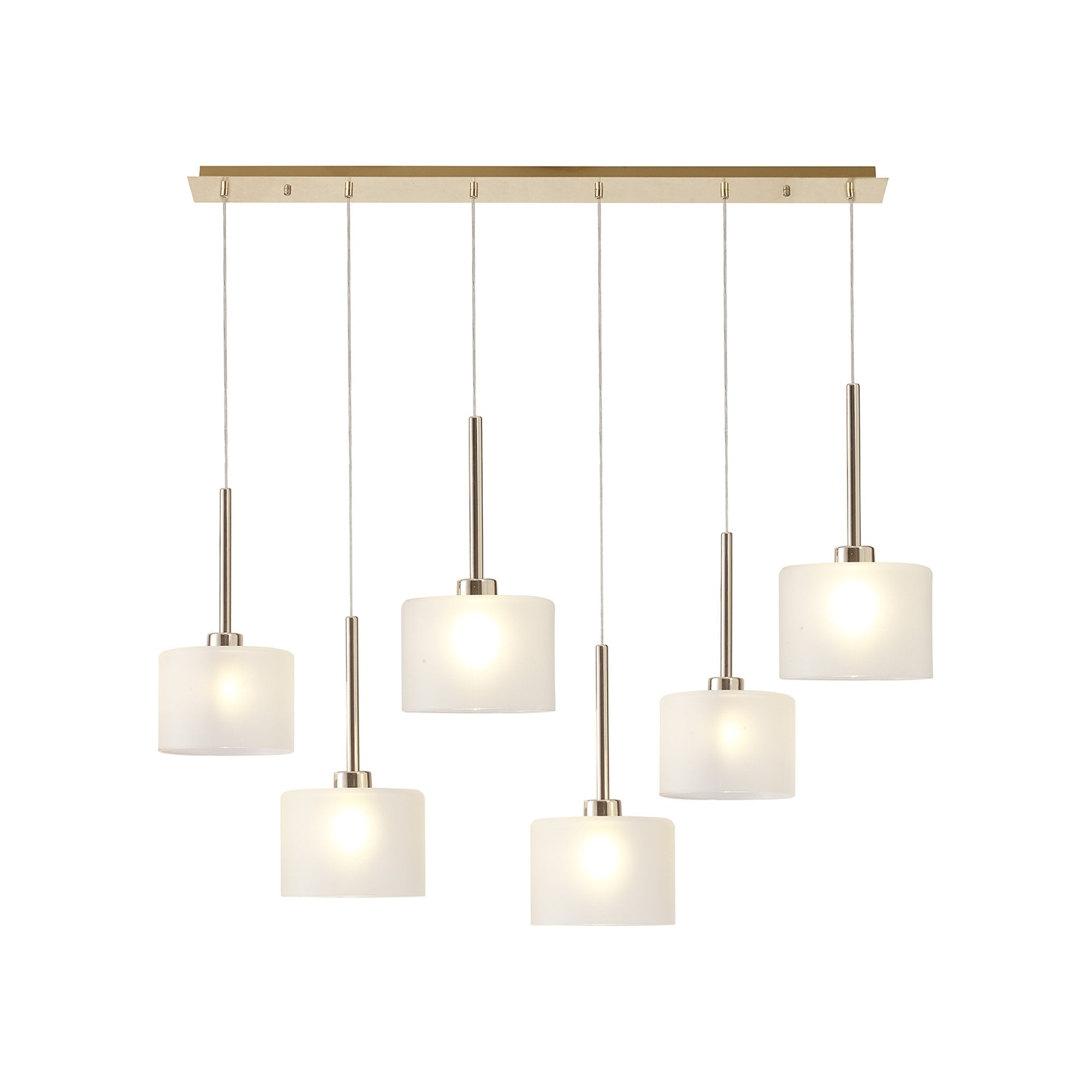 Fabula Tamworth 6 Light Linear Pendant - Short Cylinder Shades - French Gold & Frosted Glass