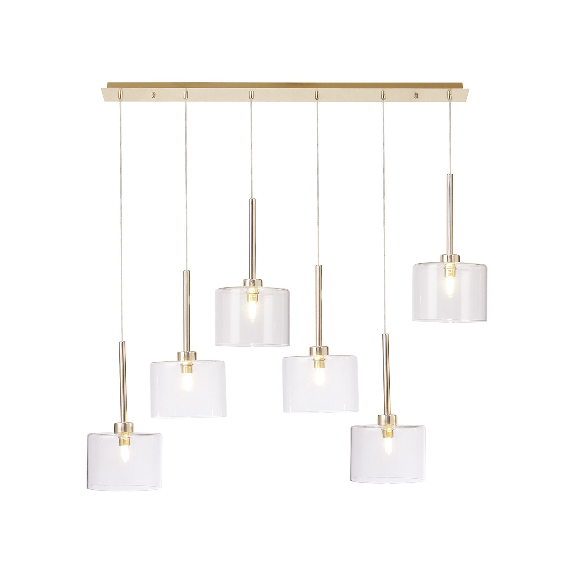 Fabula Tamworth 6 Light Linear Pendant - Short Cylinder Shades - French Gold & Clear Glass
