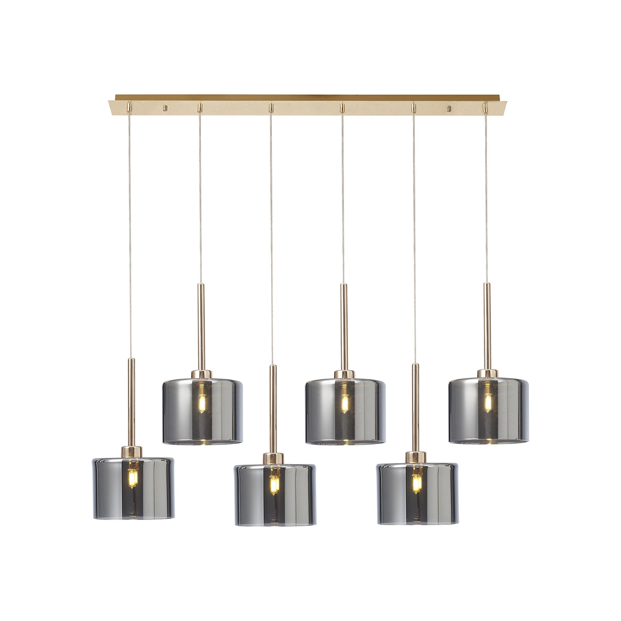 Fabula Tamworth 6 Light Linear Pendant - Short Cylinder Shades - French Gold & Chrome Glass