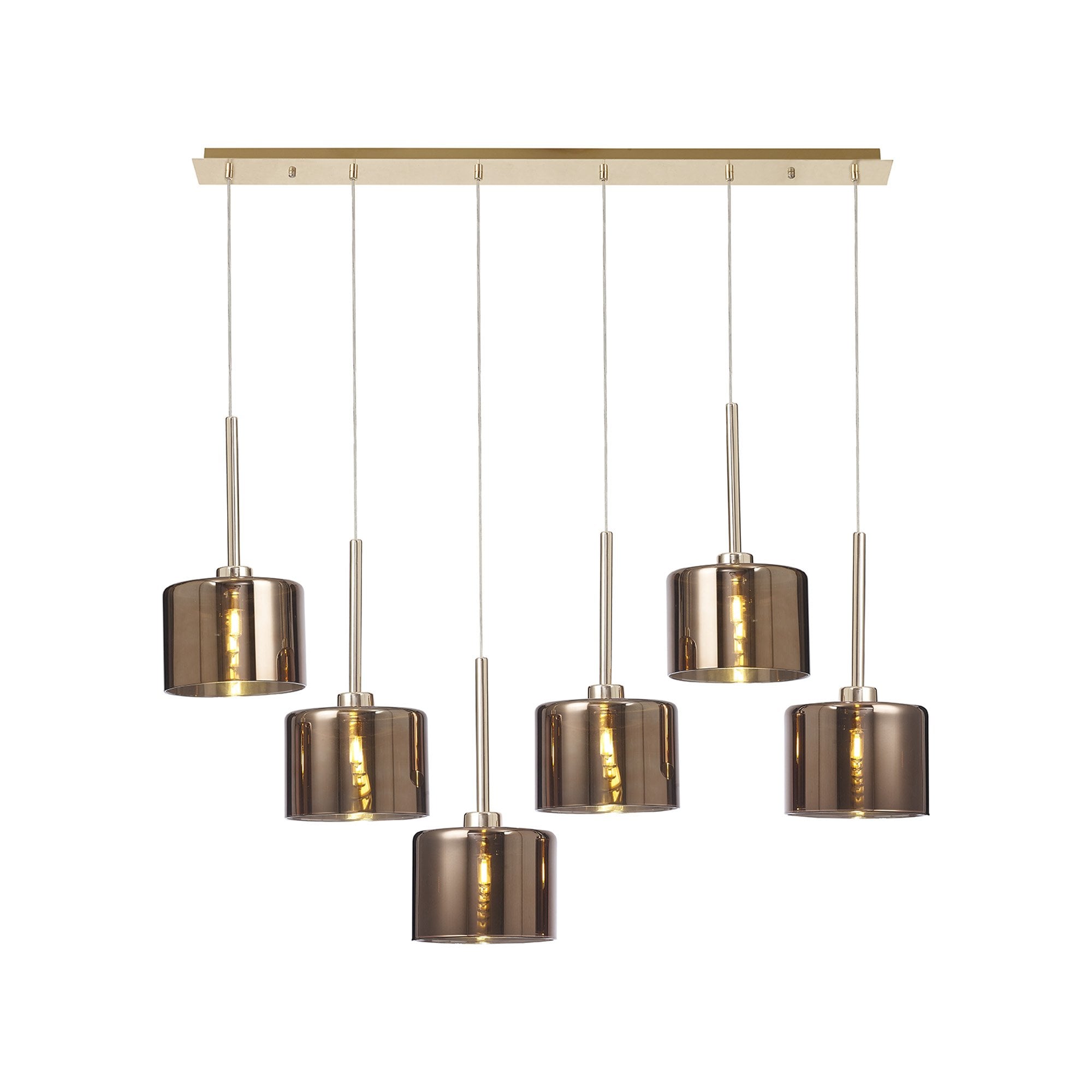 Fabula Tamworth 6 Light Linear Pendant - Short Cylinder Shades - French Gold & Copper Glass