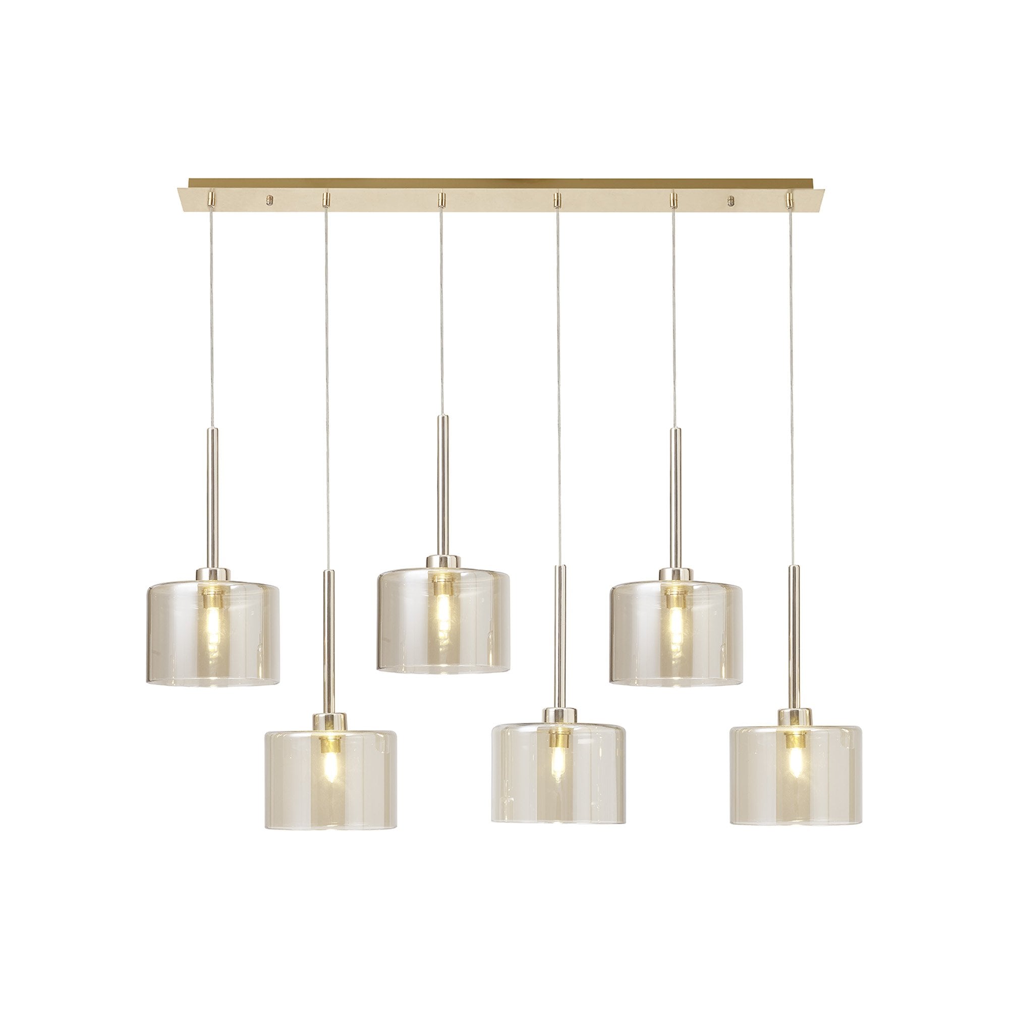 Fabula Tamworth 6 Light Linear Pendant - Short Cylinder Shades - French Gold & Cognac Glass