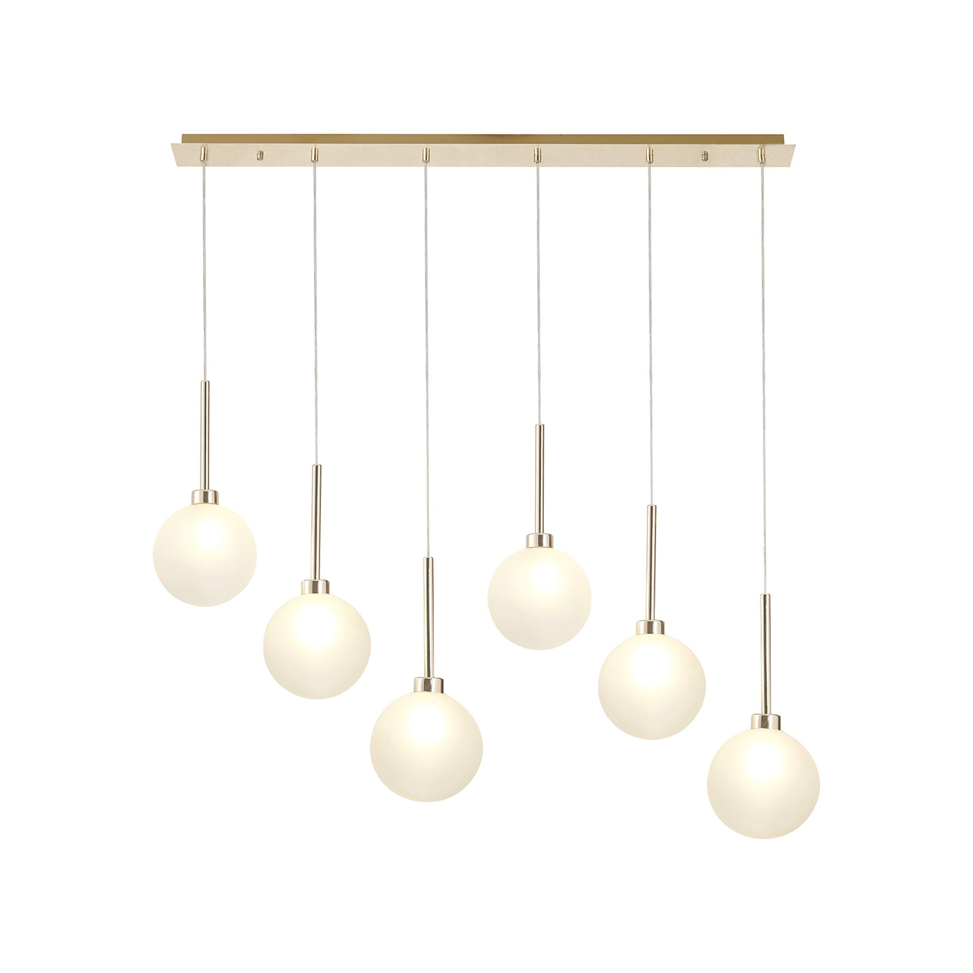 Fabula Tamworth 6 Light Linear Pendant - Round Shades with Inner Frosted Globes - French Gold & Frosted Glass