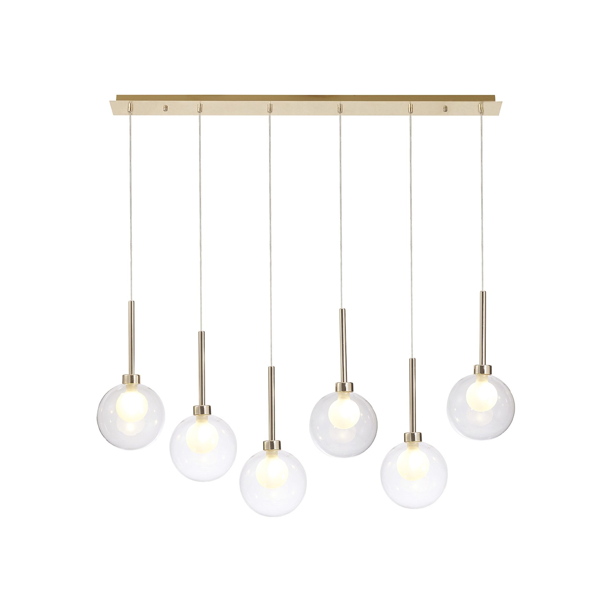 Fabula Tamworth 6 Light Linear Pendant - Round Shades with Inner Frosted Globes - French Gold, Clear & Frosted Glass
